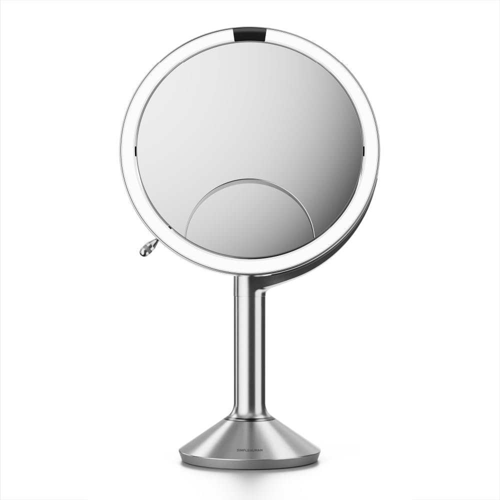 simplehuman Sensor Mirror Trio, 1X 5X 10X Magnification, Round Rechargeable Beauty Makeup Mirror, Tru-Lux® Full-Spectrum Light, Dual Light Settings, Adjustable Brightness, Brushed Stainless Steel