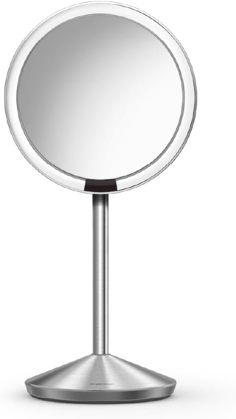 simplehuman Sensor Mirror Fold, 5” with 10X Magnification, Round Rechargeable Travel Makeup Mirror, Tru-Lux® Full-Spectrum Light, Adjustable Brightness & Height, Brushed Stainless Steel