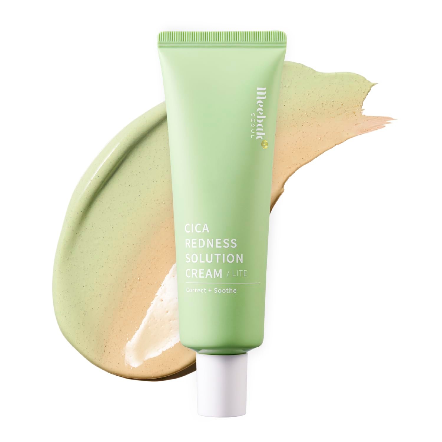 Meebak Cica Redness Solution Lite – Green Color Correcting CC Cream for Redness Relief w/ Niacinamide & Centella Asiatica, Korean Tone Up Cream, Tinted Moisturizer for Sensitive, Fair to Medium Skin