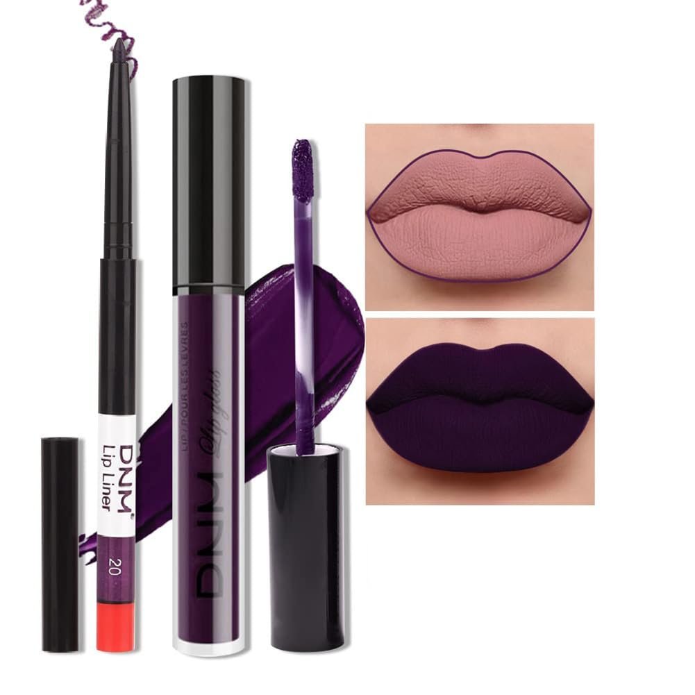 Amy’s Diary 2Pcs Dark Purple Lip Liner and Lipstick Matte Makeup Set, Darkest Eggplant Plum 24H With Liner Set, Matt Liquid Long Lasting Mate Dark Berry (#20)