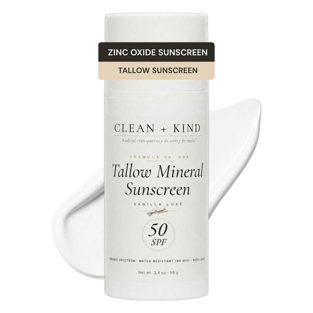 Organic Beef Tallow Sunscreen SPF 50 Vanilla — Non-Nano Zinc Oxide Mineral Sunblock, Non-Toxic Natural Reef-Safe Water-Resistant Face & Body Sun Protection (3.4 oz)