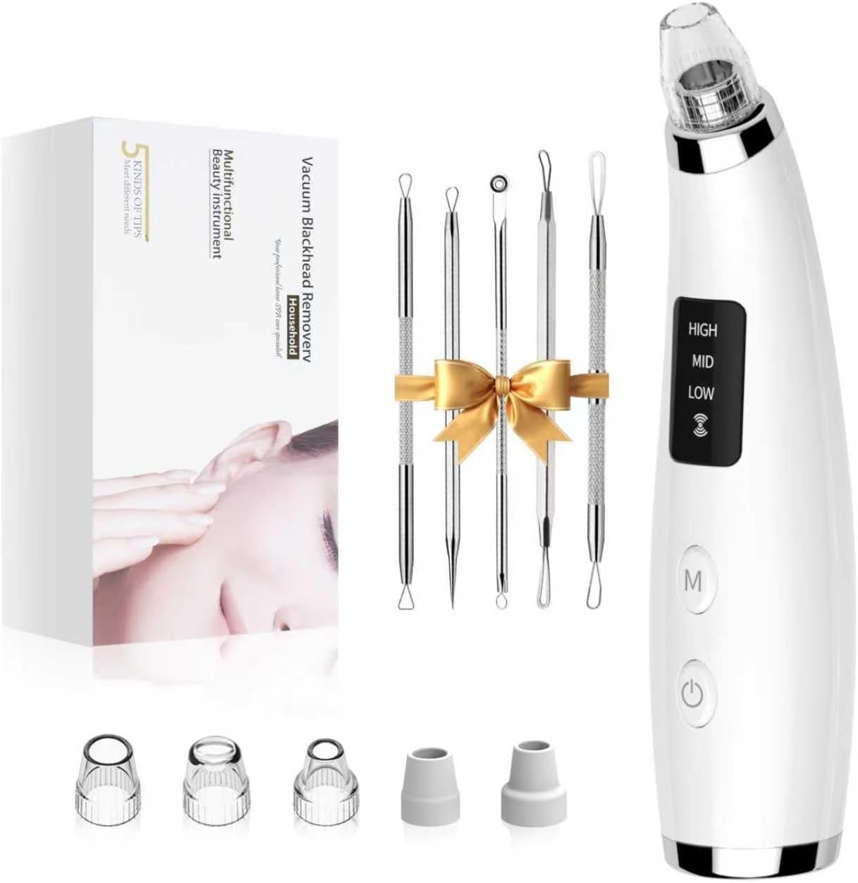 Pore Vacuum Blackhead Remover – Pore Extractor with 5 Attachments & 3 Suction Levels – Blackhead Remover Tools for Women and Men (White)