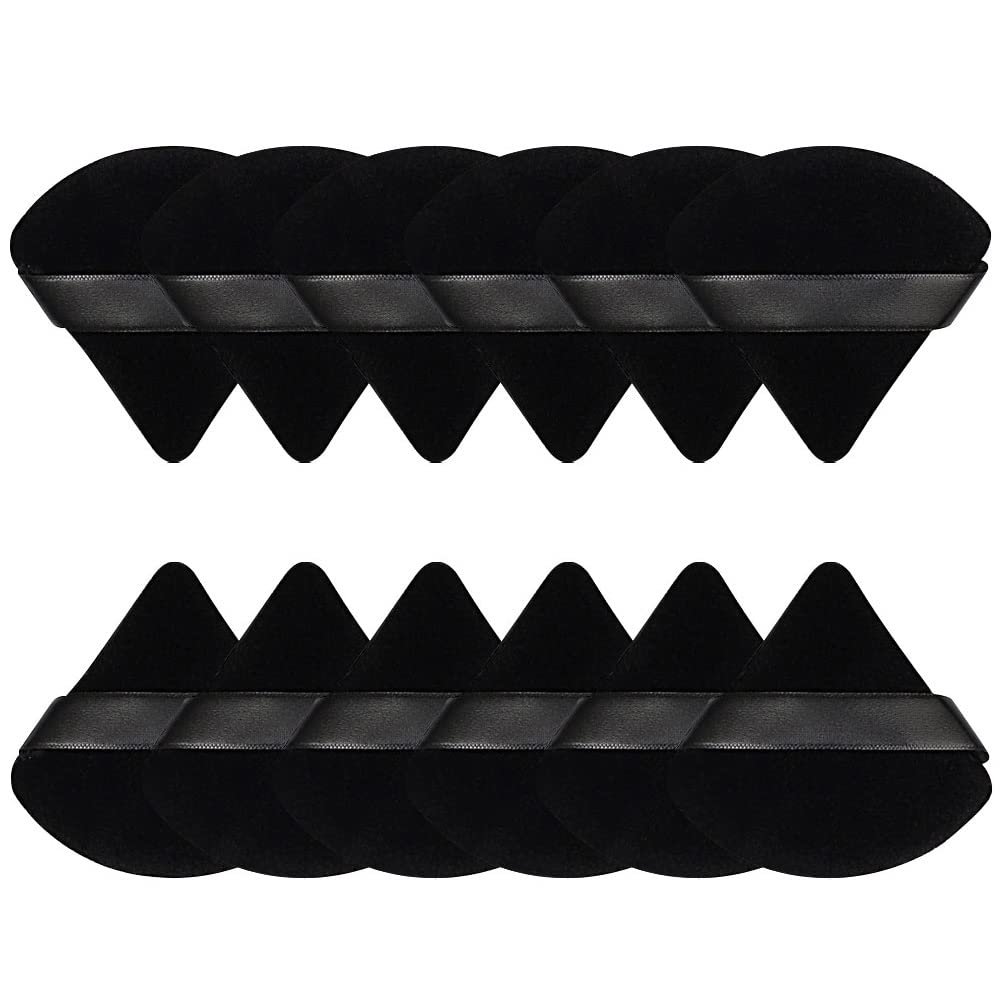 Pimoys 12 Pieces Powder Puff Face Triangle Makeup Sponge for Loose Powder Setting Powder Velour Foundation Blender Sponge Beauty Makeup Tool, Black