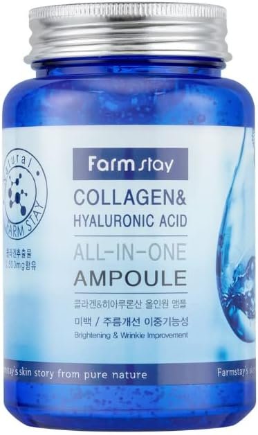 Farmstay Collagen and Hyaluronic Acid All-in-One Ampoule – Face Serum Reduces Fine Lines and Wrinkles – Serum for Face with Marine Collagen – 8.45 oz