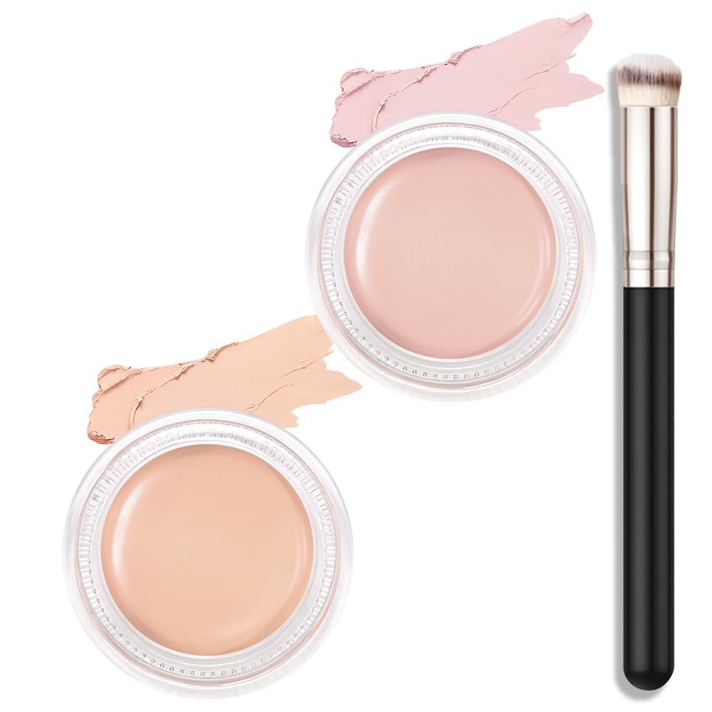 Kaely 2Pcs Cream Pot Concealer Full Coverage Makeup Set, Under Eye Brightener Color Correcting Concealer for Dark Circles, Waterproof Foundation Palette with Brush, Corrector de ojeras, 07+08