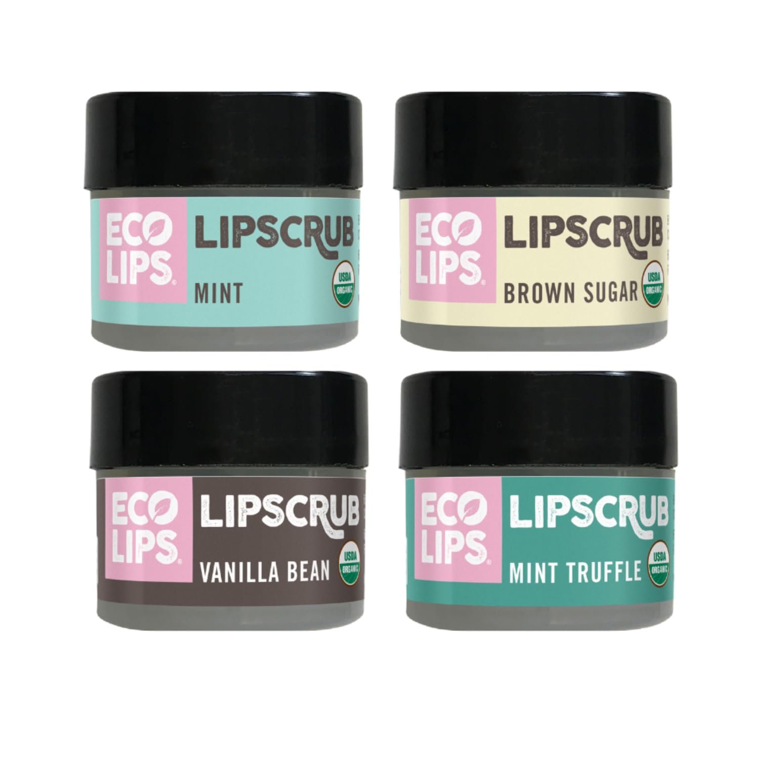 Eco Lips LIP SUGAR SCRUB 4 Pack (4-0.25oz jars) 100% Organic Lip Care Treatment with Organic Sugar & Coconut Oil – Gently Exfoliate & Polish Dry, Flaky Lips (Variety 4-Pack)