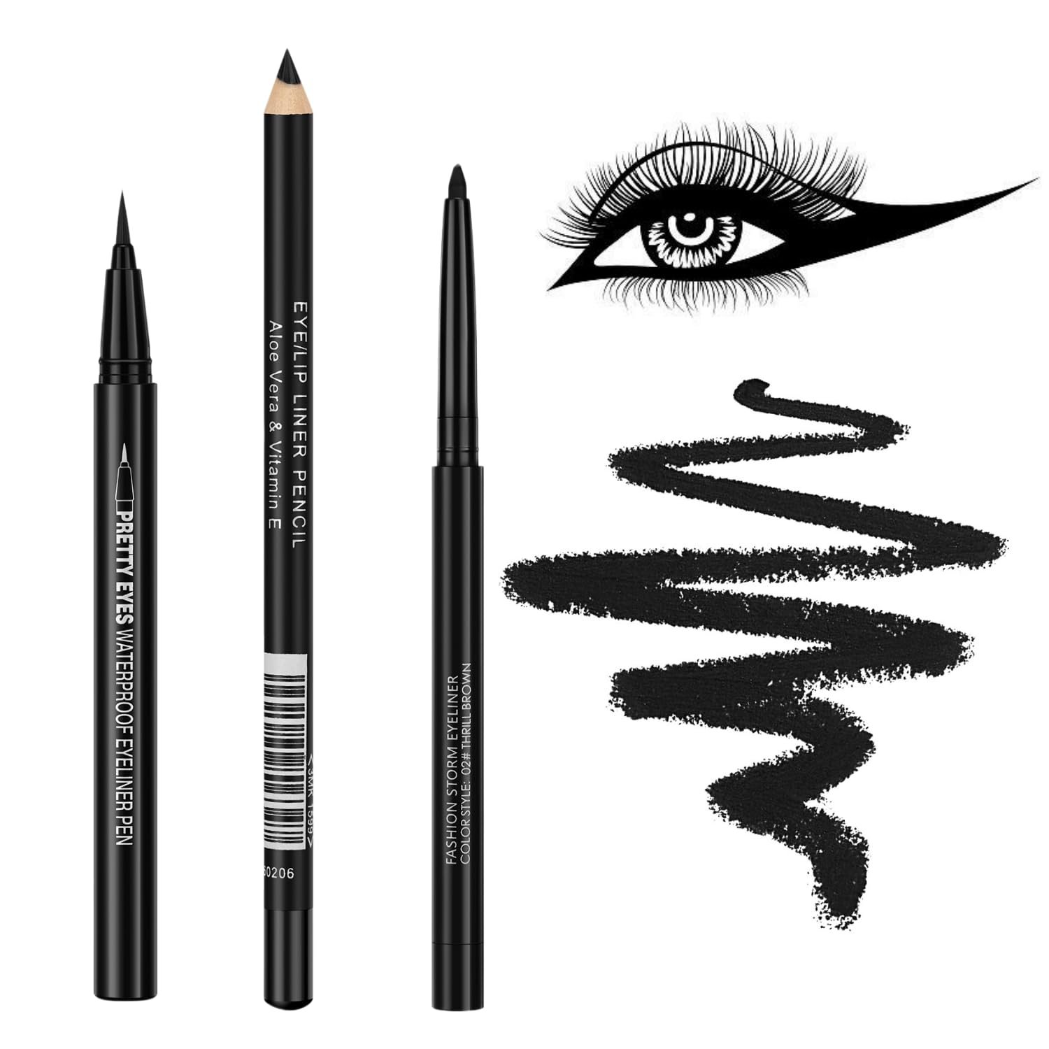Eyeliner Set, 3 in 1 Waterproof Eye Liner Kit Including Liquid Eyeliner, Retractable Eyeliner and Liner Pencil, Long Lasting Smudge Proof, Create Natural Everyday, Smoky and Winged Eye Looks – Black