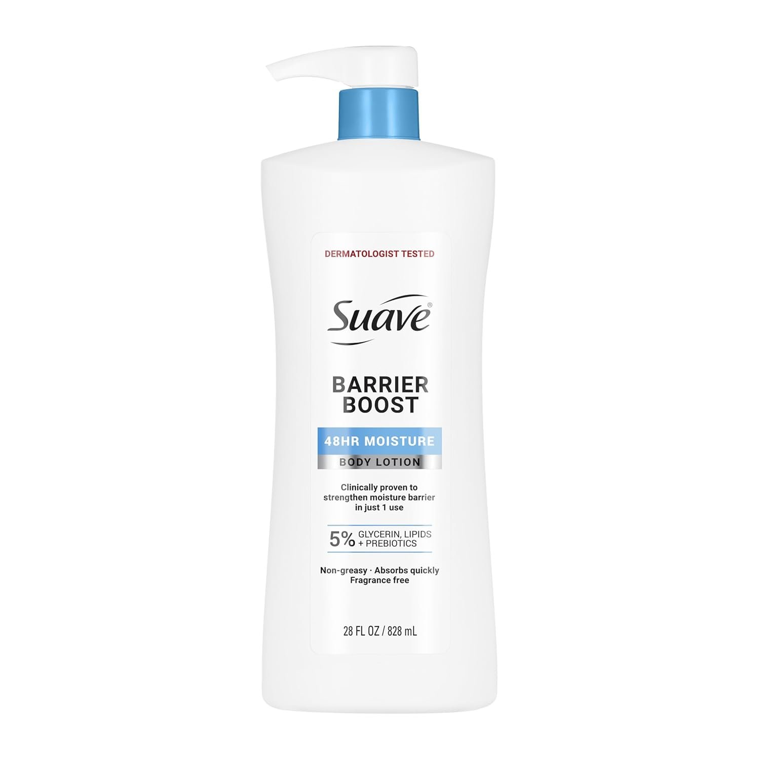 Suave Barrier Boost Body Lotion for Women with Glycerin, Lipids & Prebiotics, Fragrance Free, Dermatologist Tested, Clinically Proven 48-Hour Moisture, Moisturizing Body Lotion, Non-Greasy, 28 Fl Oz
