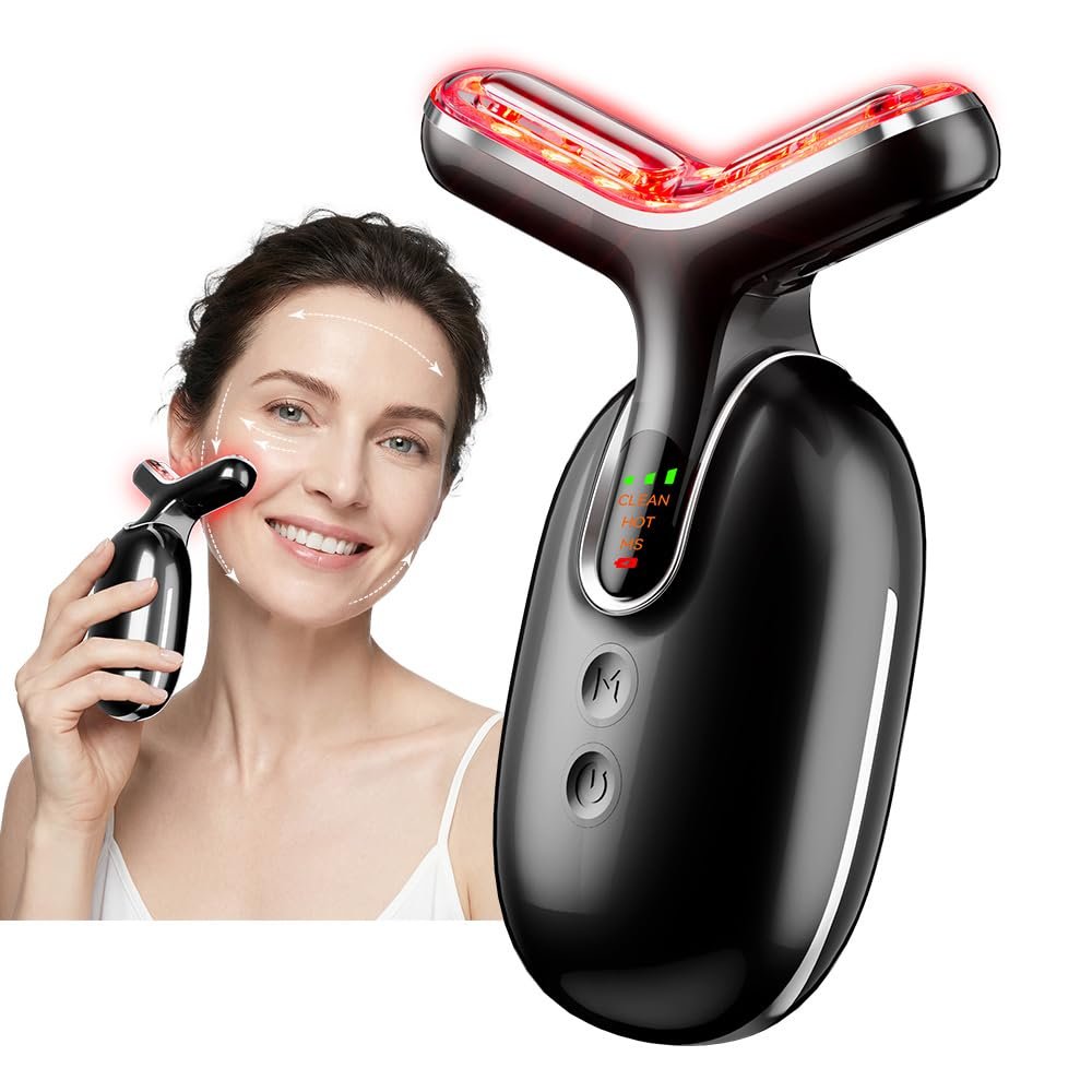 Micro-Current Facial Beauty Device, Red Light Therapy for Face and Neck with Vibration, 3 Color LED Mode Face Massager for Treat Facial Wrinkles and Skin Care – FDA Cleared (Black)
