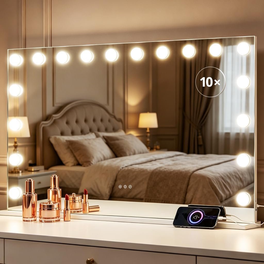 COMHOMA Hollywood Vanity Mirror with Dimmable 15LED Bulbs Lights,47.2″ x 23.6″ Lighted Makeup Mirror for Desk,3 Color Lighting Modes,with 10X Magnification Mirror and USB Charging Port