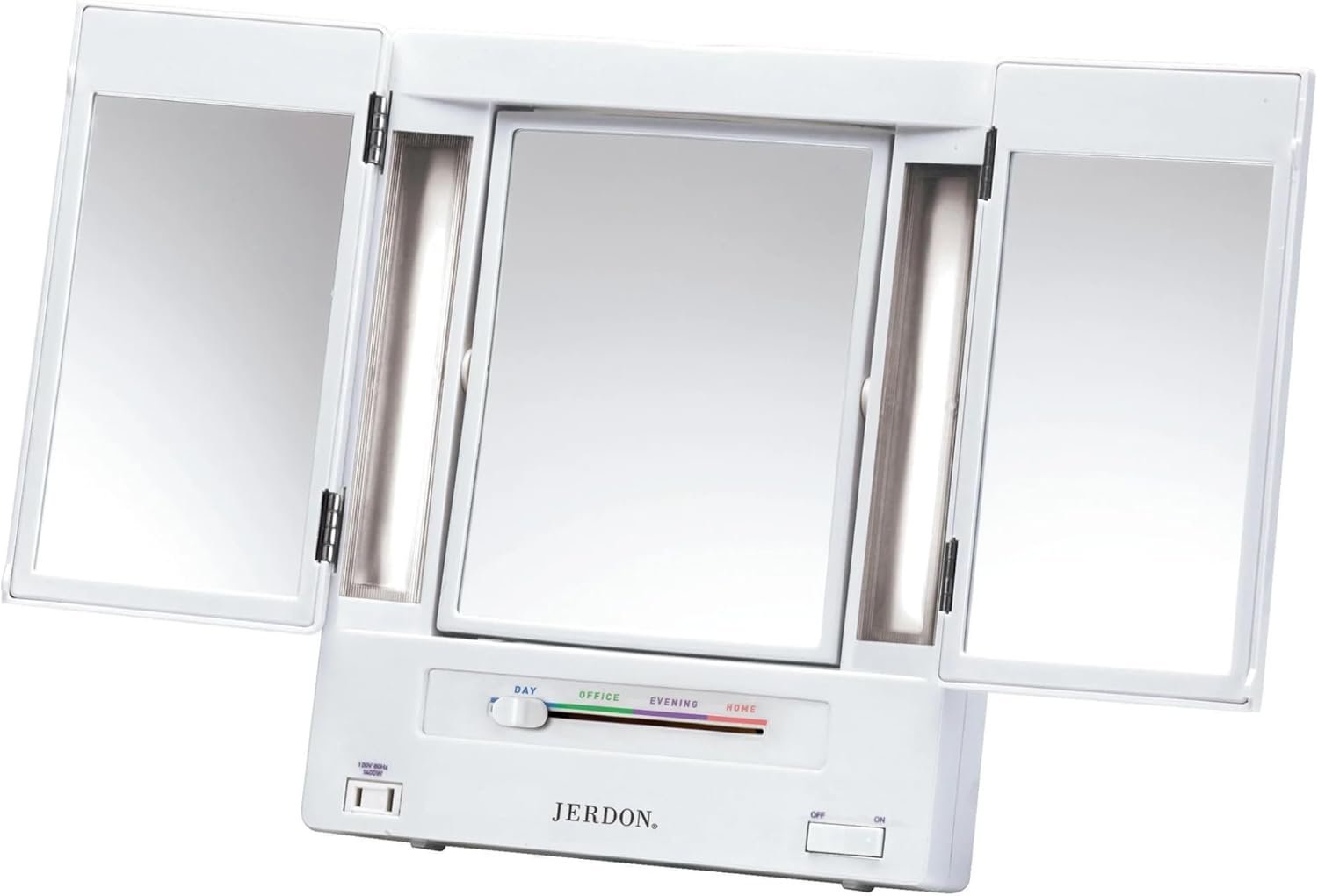 JERDON Tri-Fold Two-Sided Makeup Mirror with Lights – Vanity Mirror with 5X Magnification & Multiple Light Settings – White Base – Model JGL9W