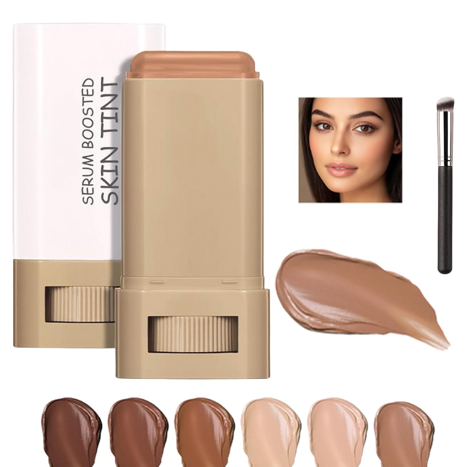 Skin Tint for Black Women, Skween Beauty Balm Serum Boosted Hydration Skin Tint, Solid Tinted Serum Foundation Face Stick, Longwear Contour Stick, Natural Finish (6#)