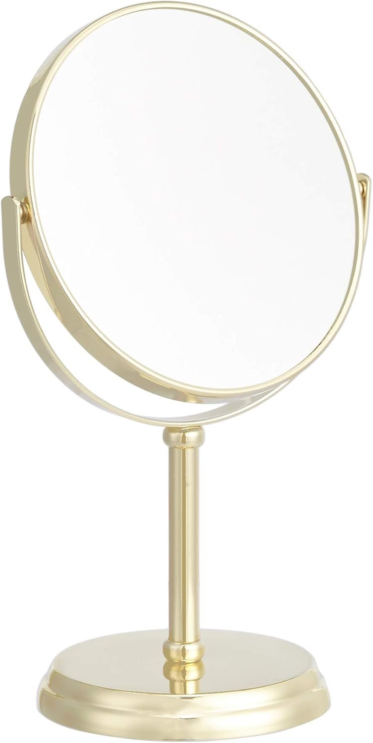 Amazon Basics 360° Rotation Double Sided Vanity Mirror, 1X/5X Magnification, Tabletop Mount, Iron Frame, 7.2″L x 4.92″W, Gold