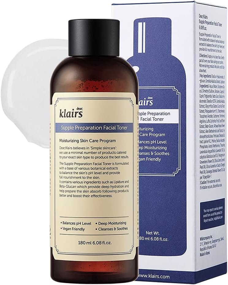 DearKlairs Supple Preparation Facial Toner – Korean Daily Hydrating Toner with Lipidure, Hyaluronic Acid & Centella Asiatica, pH Balancing for Sensitive Dry Skin, Alcohol-Free Vegan, 6.08 Fl Oz