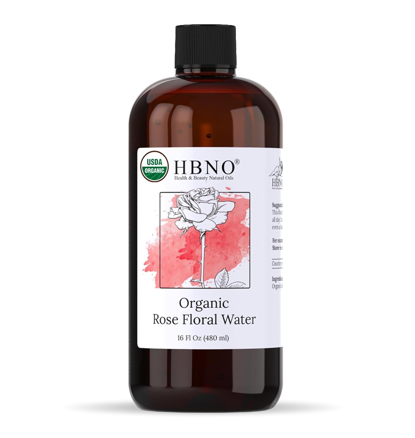 HBNO California Bottled Organic Rose Water for Face Huge 16 fl oz (480ml) Value Size – USDA Certified for Face – Pure Rose Water for Hair – Rosewater for Skincare, Haircare