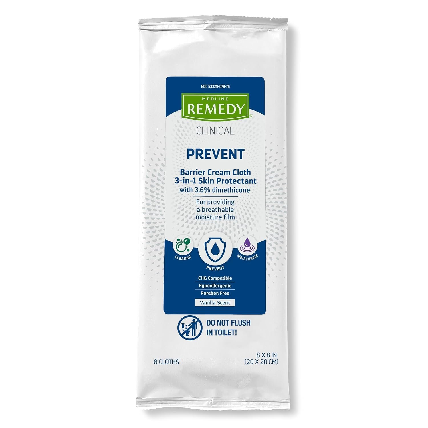 Medline Remedy Clinical 3-in-1 Barrier Cream Cloth, 8 count (1 Pack), 8 x 8 in Adult Wet Wipes, Vanilla Scent, Incontinent Care, Dimethicone, Irritated Skin, Soothing, Nourishing, Gentle