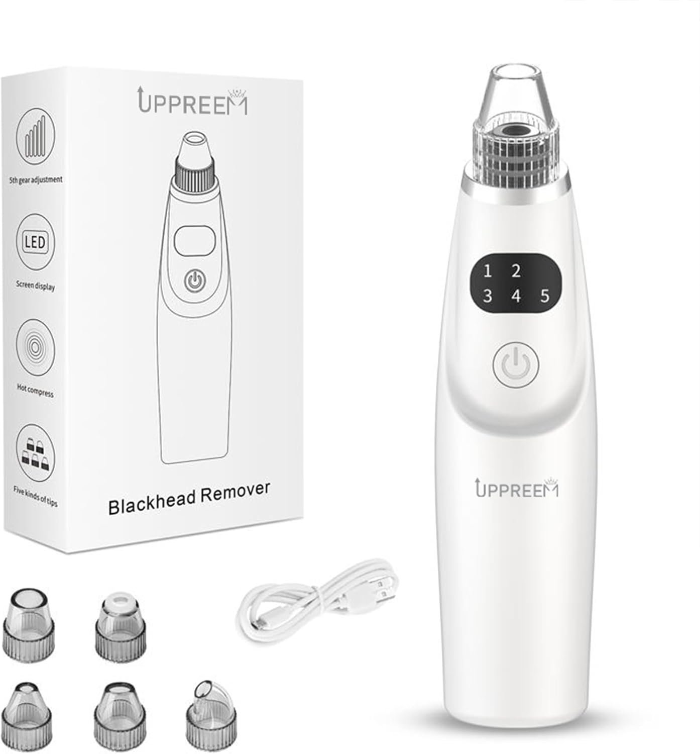 Blackhead Remover,Pore Vacuum, with LED Display, 5 Suction Levels, Wireless Operation, USB Charging.