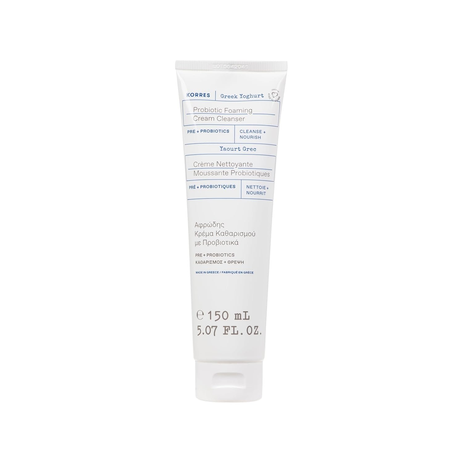 KORRES Greek Yoghurt Foaming Cream Cleanser, Hydrating, Deep Cleansing Skin Care, Makeup Remover, Face Wash for Women, Cream to Foam Facial Cleanser for Dry, Oily, Sensitive, Any Skin Type, 5.07 fl oz