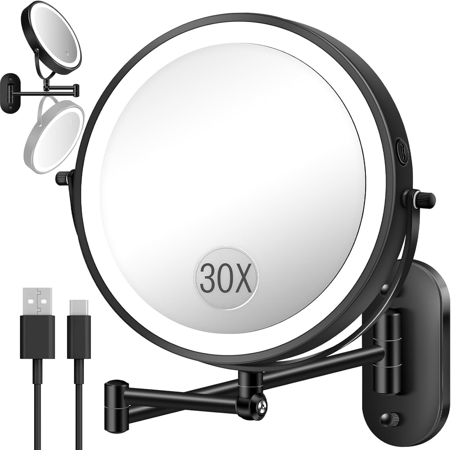 30X/1X Wall Mounted Lighted Makeup Mirror, 9” Height Adjustable Double Sided 5000mAh Rechargeable Magnifying Bathroom Mirror with Light, 3 Color Modes Touch Dimmable Extended Arm 360 Rotation