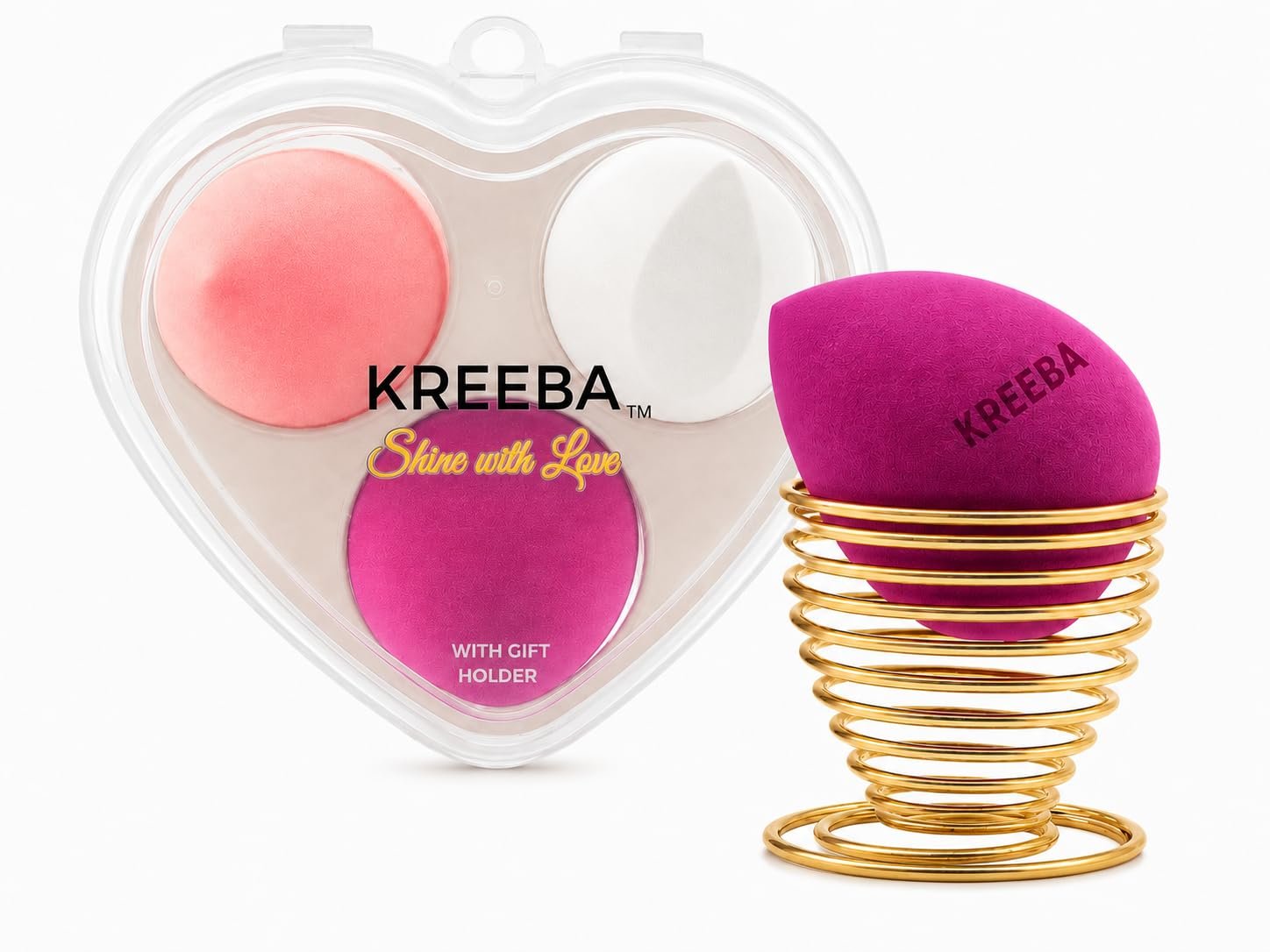 KREEBA 3 Pcs Makeup Sponge Set – The Trio of Precision: Every Angle Covered – Heart-Shaped Travel Box – Included Bonus Gold Drying Stand – Latex-Free for Face-Beauty Sponges Give Flawless Finish Vegan