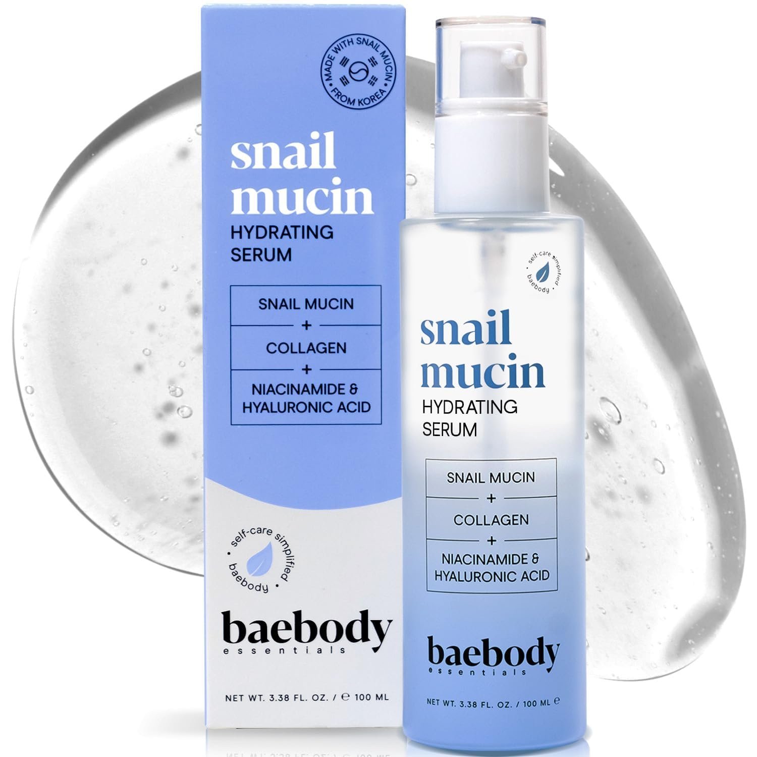 Baebody Snail Mucin Serum Moisturizer – Hydrating Serum for Face with Collagen – Snail Mucin Moisturizer for Youthful Skin – Korean Skin Care Inspired, Skincare Beauty Products for Women (3.38 fl oz)