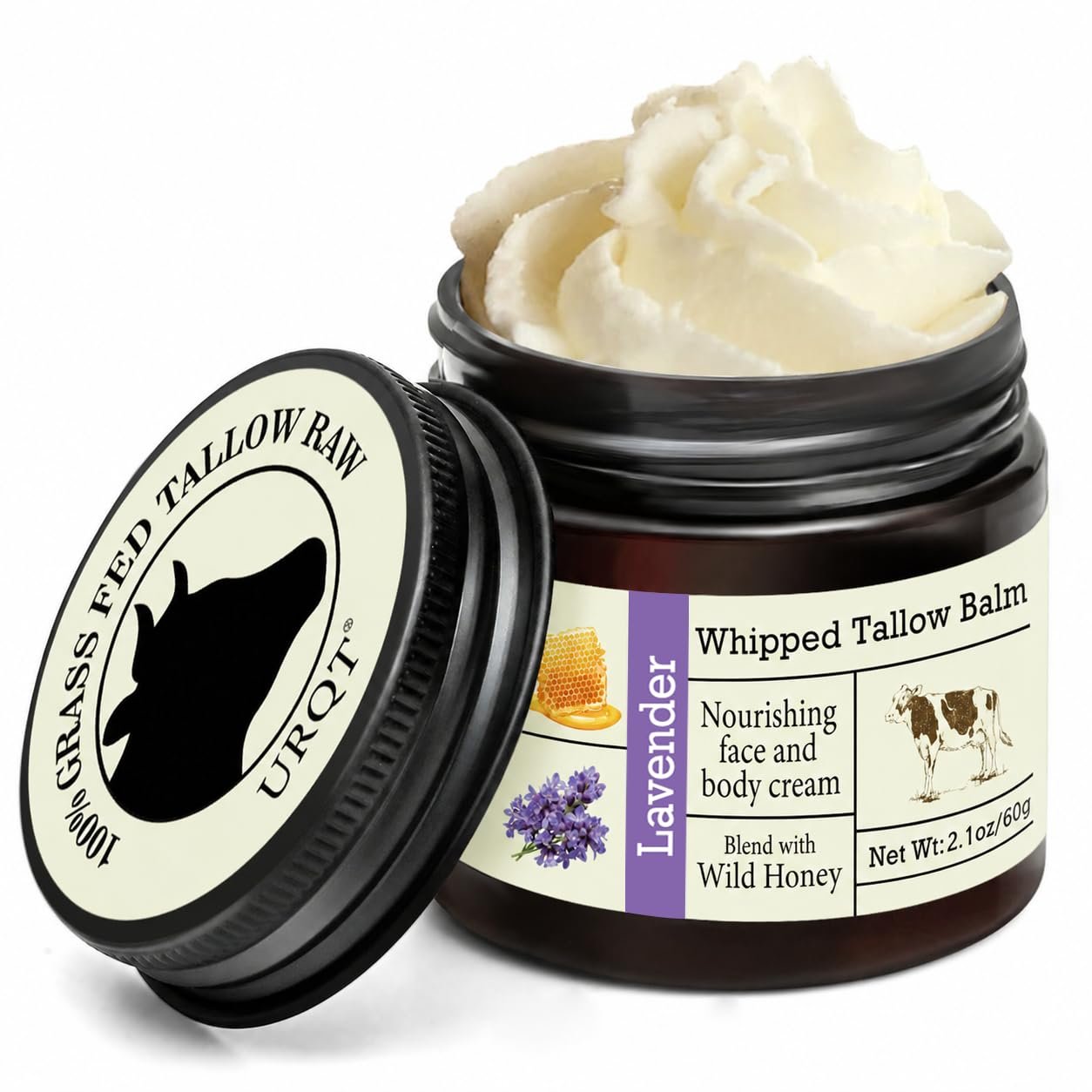 URQT Whipped Tallow Balm – Organic Grass-Fed Beef Tallow for Skin with Honey & Lavender – Deeply Moisturizing Natural Skin Care for Face & Body – Soft & Supple