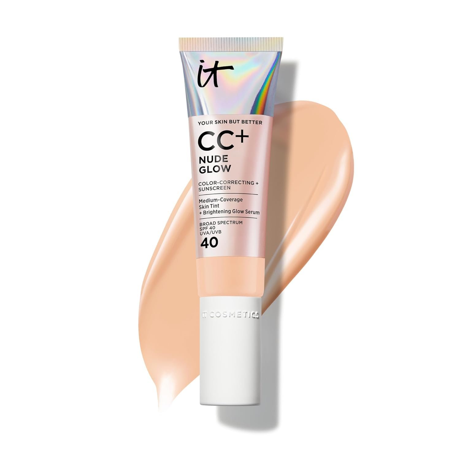 IT Cosmetics CC+ Nude Glow SPF 40 – Medium Coverage Foundation, 2% Niacinamide + Hyaluronic Acid Brightening Glow Serum, Lightweight Up to 24H Hydration, Normal to Dry & Mature Skin – 1.08 fl oz