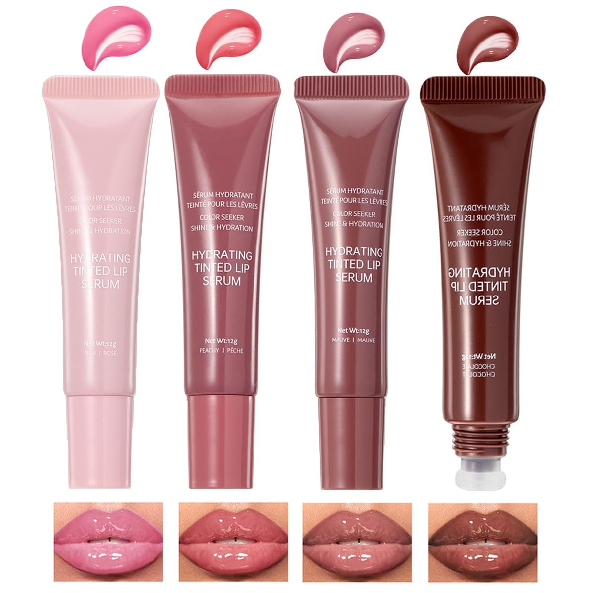 4 Colors Jelly Tinted Lip Serum Gloss Set | Hydrating Nourishing Lip Plumping,Long-Lasting Moisturizing with Polypeptide,Non-Sticky Glossy Lip Glaze Makeup