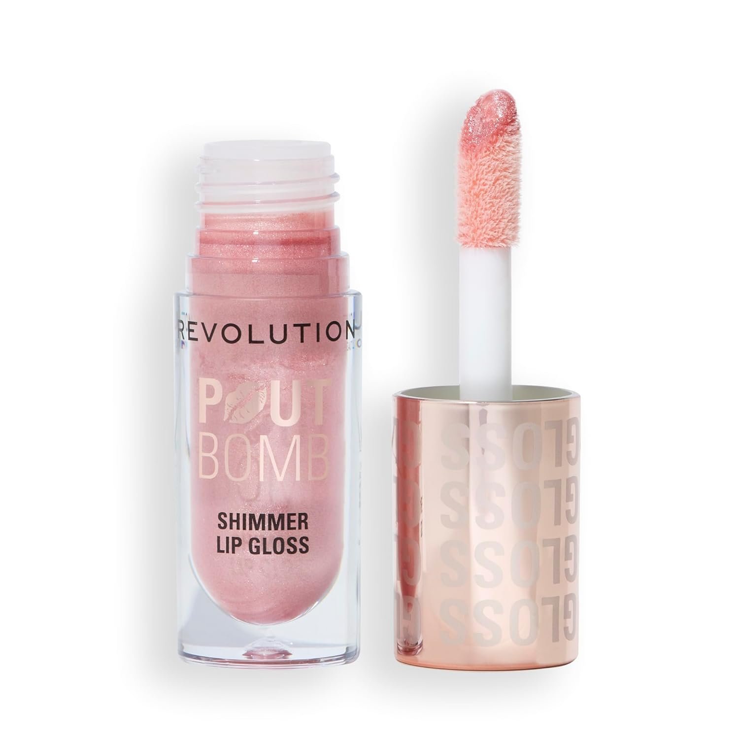 Revolution, Pout Bomb Shimmer Lip Gloss, Buildable Sheer Color, High-Shine with Hyaluronic Acid & Sweet Vanilla Scent, Shine Pink, 0.15 oz
