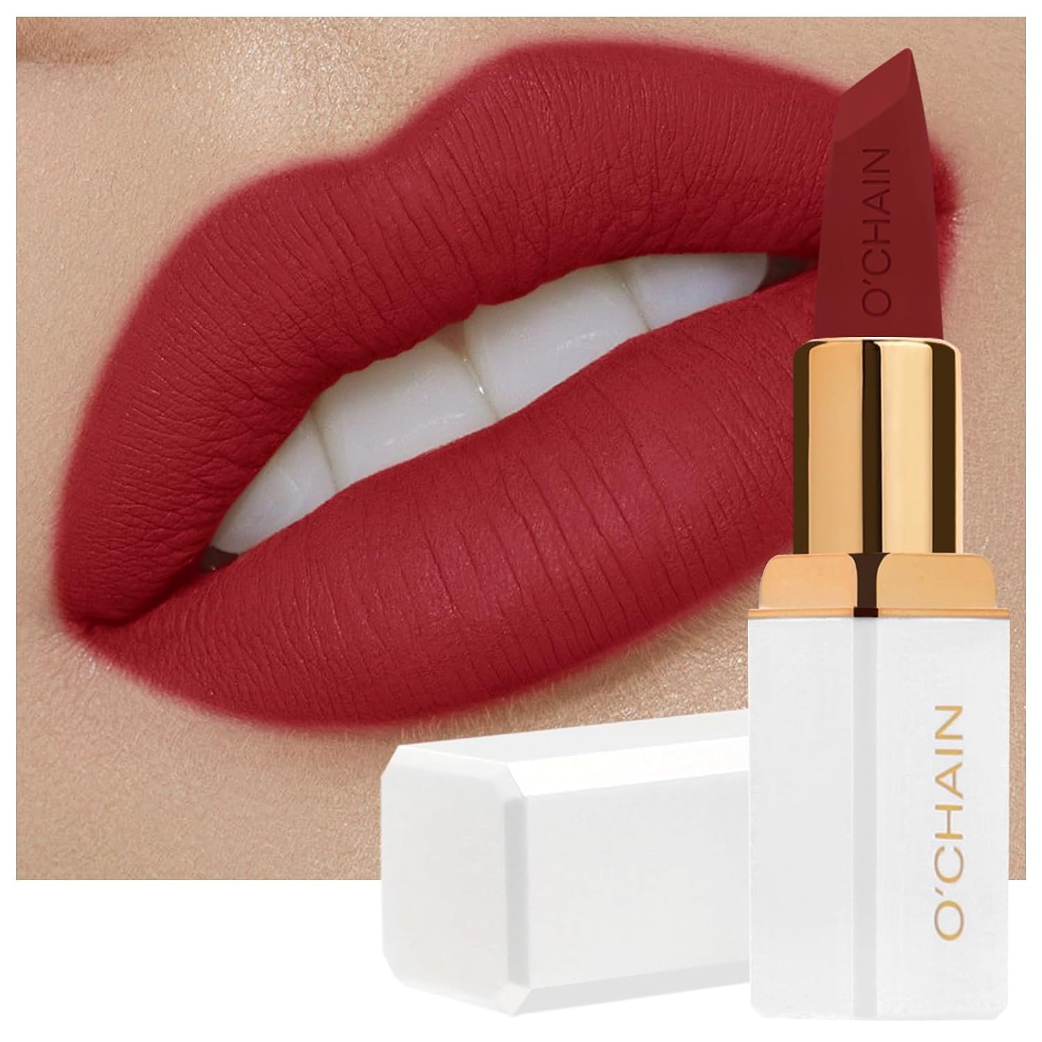 O’CHAIN Dark Red Matte Lipstick, Long Lasting Full Coverage Non-Transfer Lipstick for Women Infused with Jojoba Oil and Vitamin E, Cruelty-Free & Vegan (12 REY) 0.12 Oz
