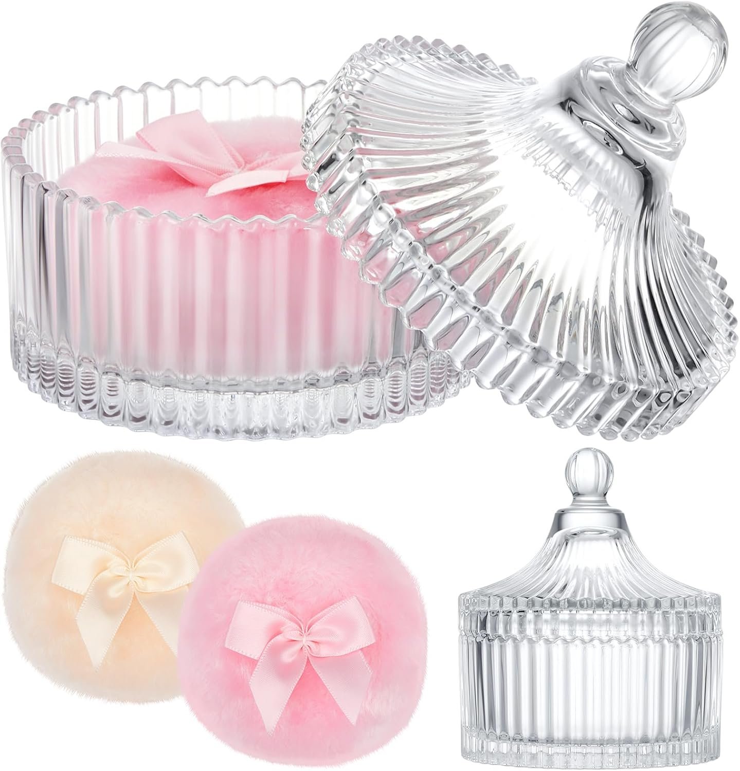 Tioncy 3 Pcs Large Body Powder Puff and Container Valentine’s Day gift Powder Container with Puff Crystal Case Soft Washable Reusable Velour Face Body Glitter Wet Dry Makeup (Classic,Clear)