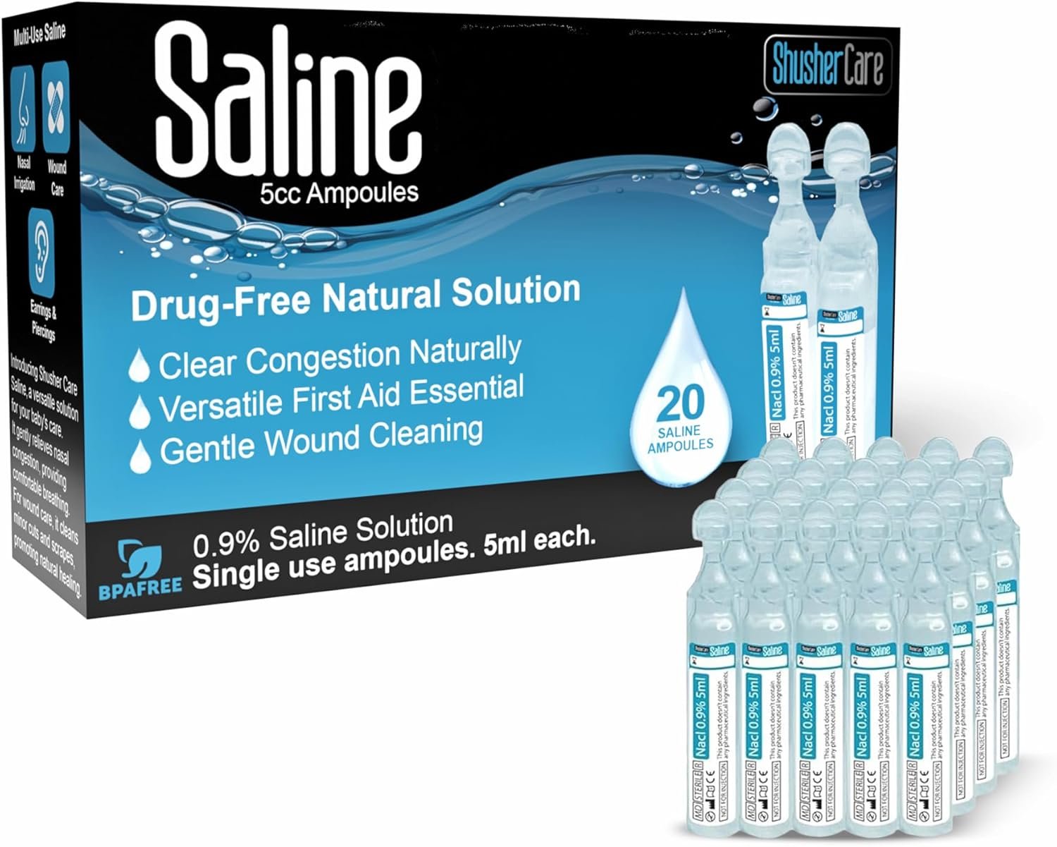 Shusher Care Saline Ampoules – Saline Solution, Sodium Chloride 0.9%, Nasal Cleanse for Babies, Kids, & Adults, Sterile Nasal Care, Wound Cleansing – 20 Count (5ml Each)