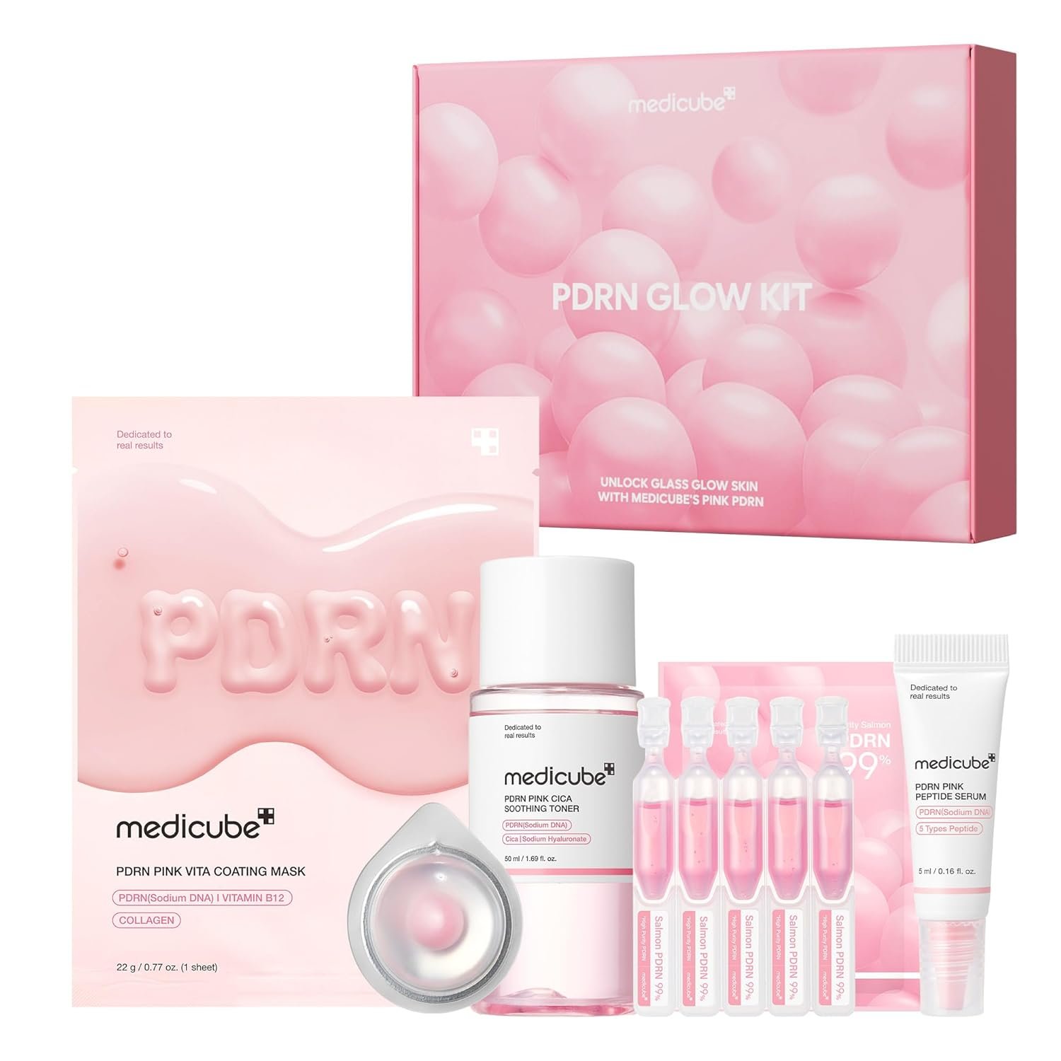 medicube Salmon DNA PDRN Trial Kit | Glass Glow Mini Skincare Set with Toner, Serum & Sheet Mask for Hydrating, Firming, Moisturizing |Gift & Travel Essentials for Women & Girls | Korean Skincare