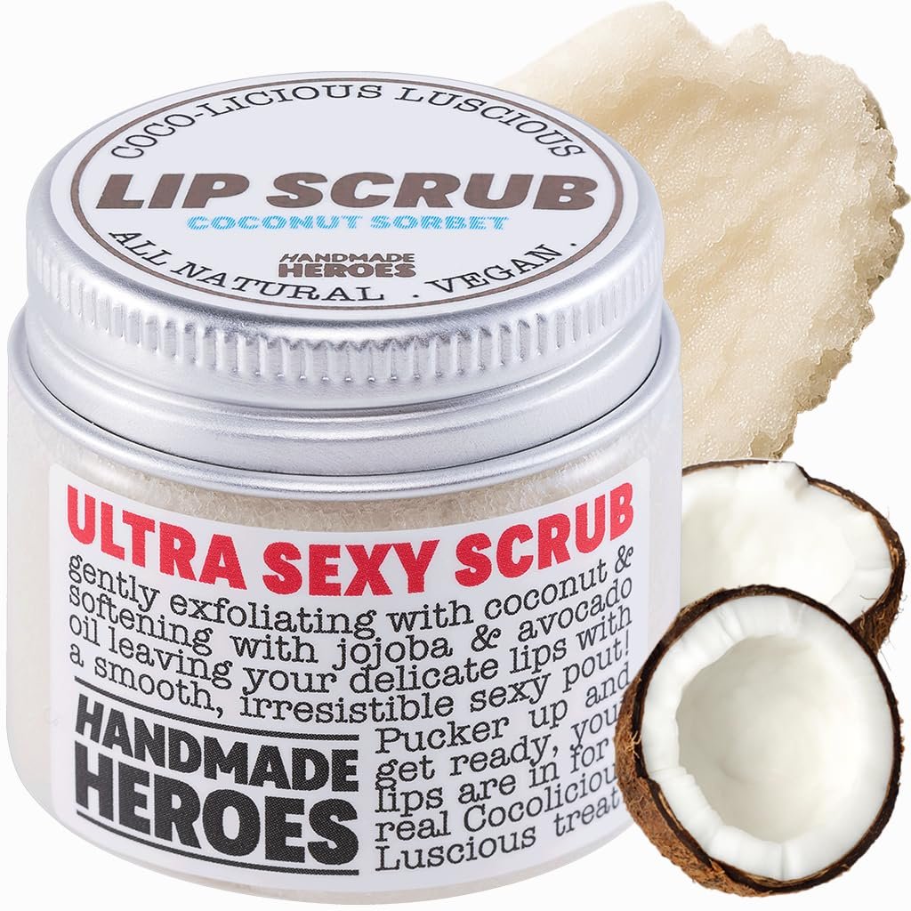 Handmade Heroes 100% Natural Lip Scrub, Vegan Conditioning Coconut Lip Exfoliator – Gentle Exfoliant, Ultra Sexy Sugar Lip Mask Polish and Scrubber for Chapped Dry and Dark Lips, 1oz (Coconut Sorbet)