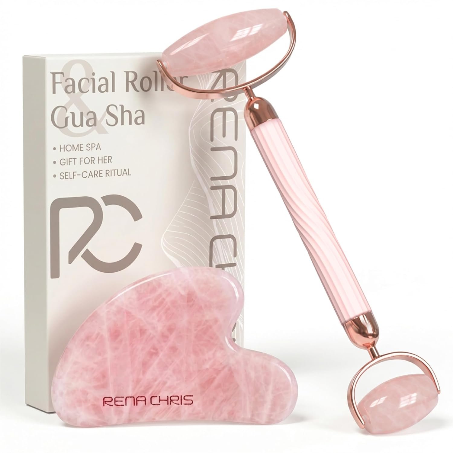 Rena Chris Rose Quartz Gua Sha & Jade Roller Set, Face Roller and Gua Sha Facial Tools, Facial Massage Tools for Jawline Sculpting, Under Eye, Neck, Skin Care Routine & Self Care Gift