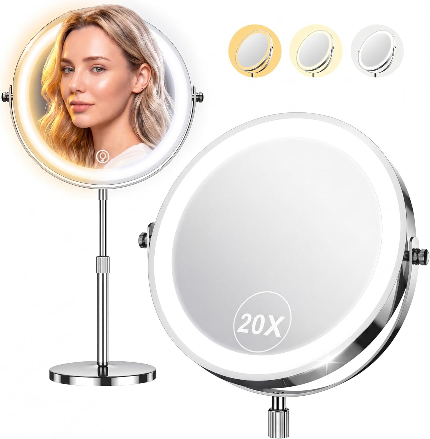 Dienmern Lighted Makeup Mirror, 1X/20X Double-Sided Magnifying Vanity Mirror with Lights, 360° Rotation, 5000mAh Rechargeable Adjustable Brightness with 3 Colors for Dorm, Living Room, Women Gift