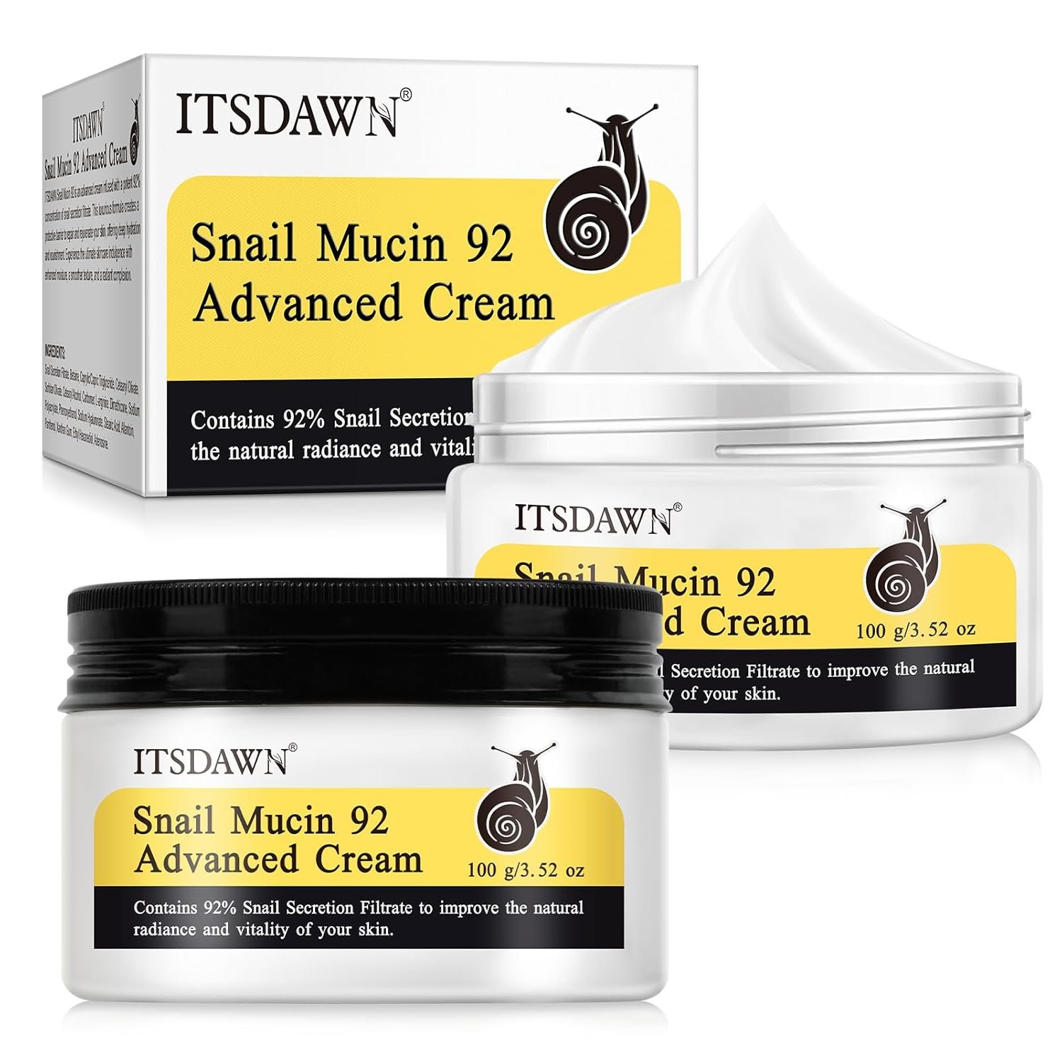 ITSDAWN 2 Pack Snail Mucin 92% Face Cream 100g, Moisturizer Hydrating Cream for Dry & Sensitive Skin, All Skin Types