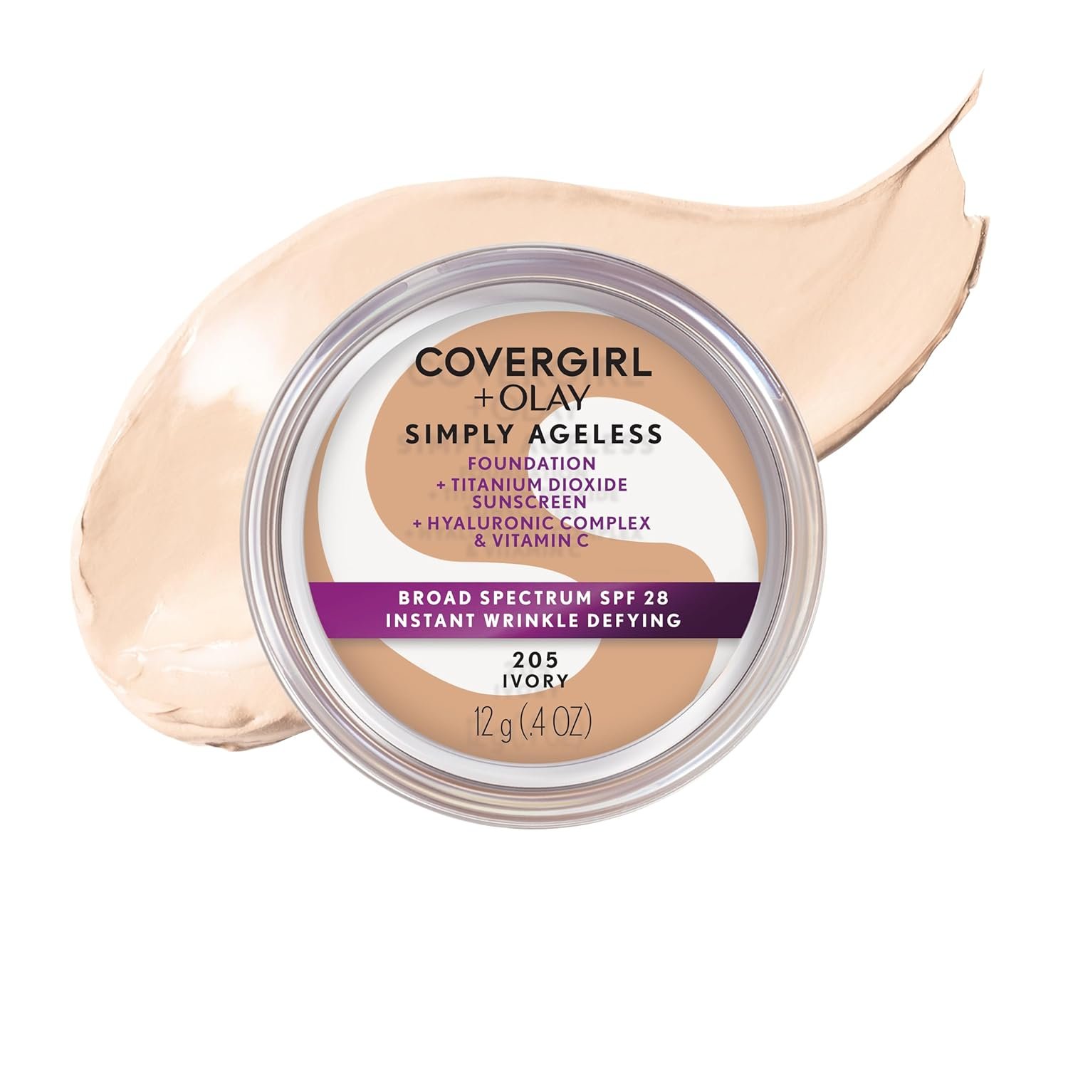 COVERGIRL Simply Ageless Instant Wrinkle Defying Foundation, SPF 28, Hyaluronic Complex & Vitamin C – 205 Ivory, Pack of 1