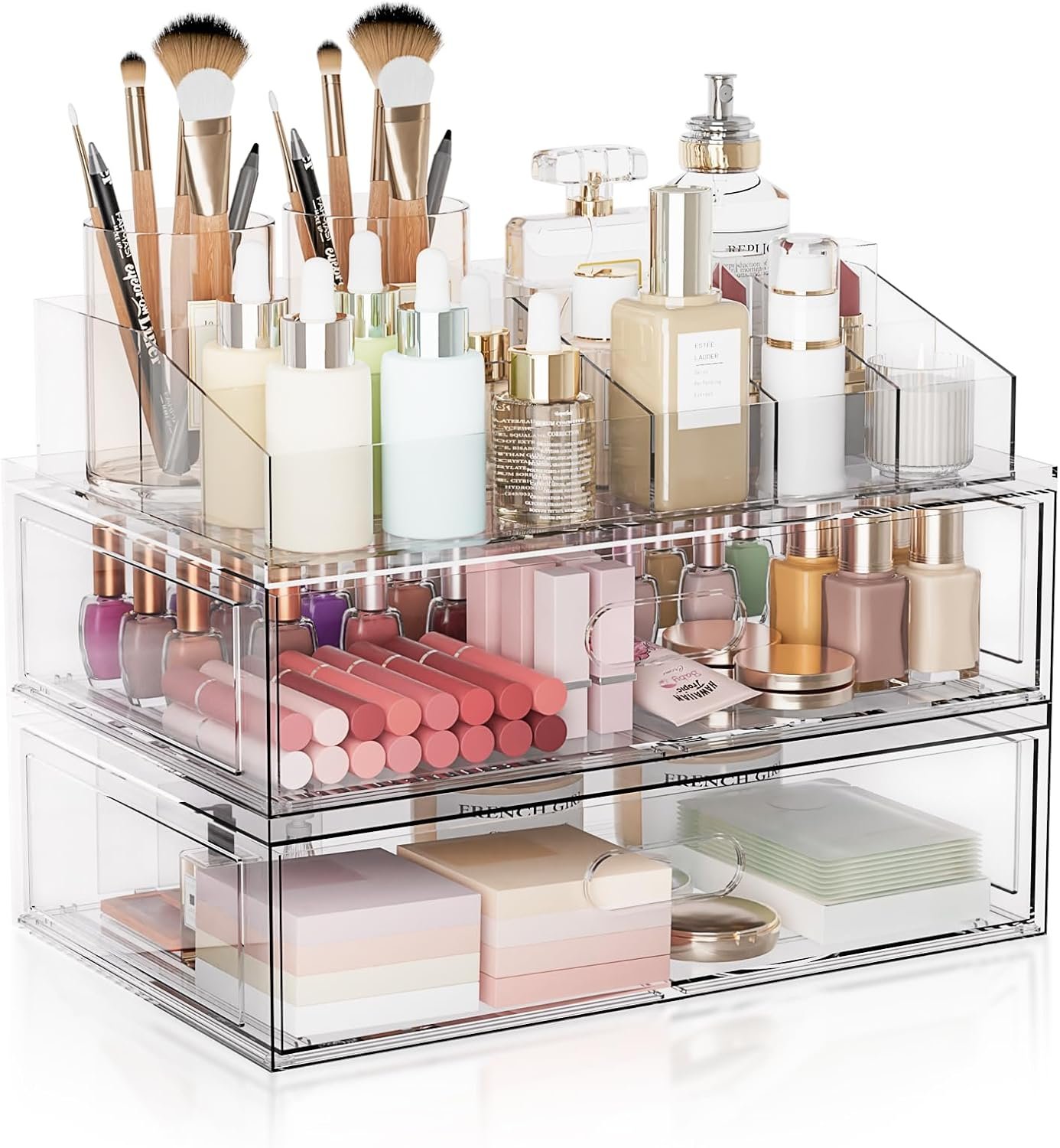 Clear Stackable Makeup Organizer with Drawer, 12”W Acrylic Storage Drawers, Cosmetic Display Case for Vanity Bathroom Countertop, Beauty Holder for Lipstick Brush Skincare Perfume
