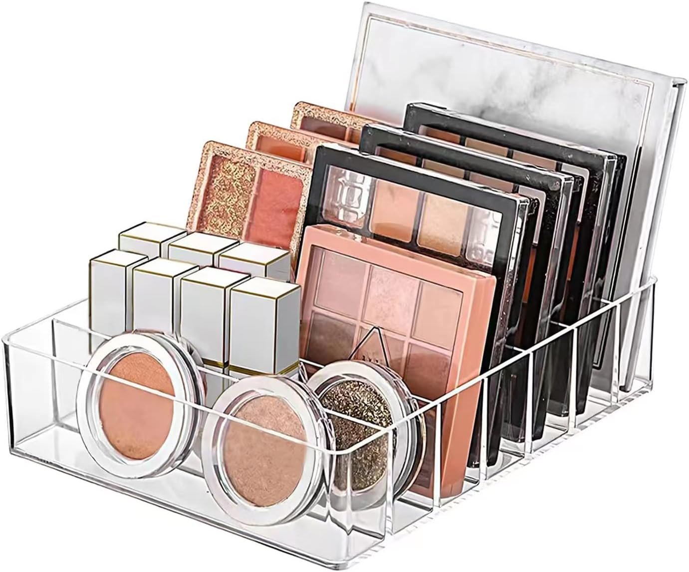 WECHENG Clear Acrylic Makeup Organizer for Eyeshadow Makeup Palette Organizer, 7 Slots Cosmetic Organizer for Vanity Countertop & Drawer, Fits Palettes Blushes Lipstick or Other Small Items