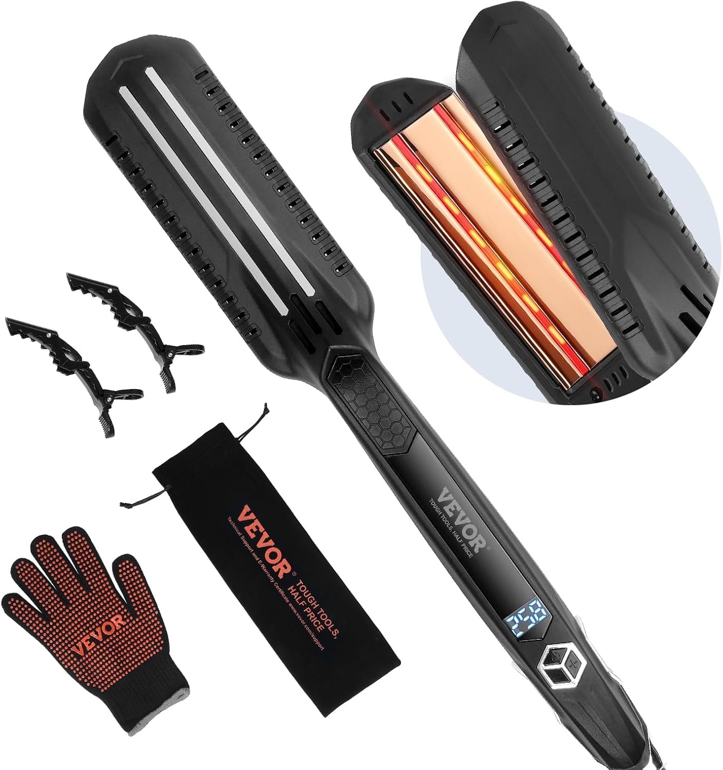 VEVOR Hair Straightener, 1.5-inch Titanium Flat Iron, Dual Infrared Hair Straightener Flat Iron with LCD Display and 19 Temp Levels – 210°F to 450°F, Dual Voltage 110V/240V for Salon Home Travel Use