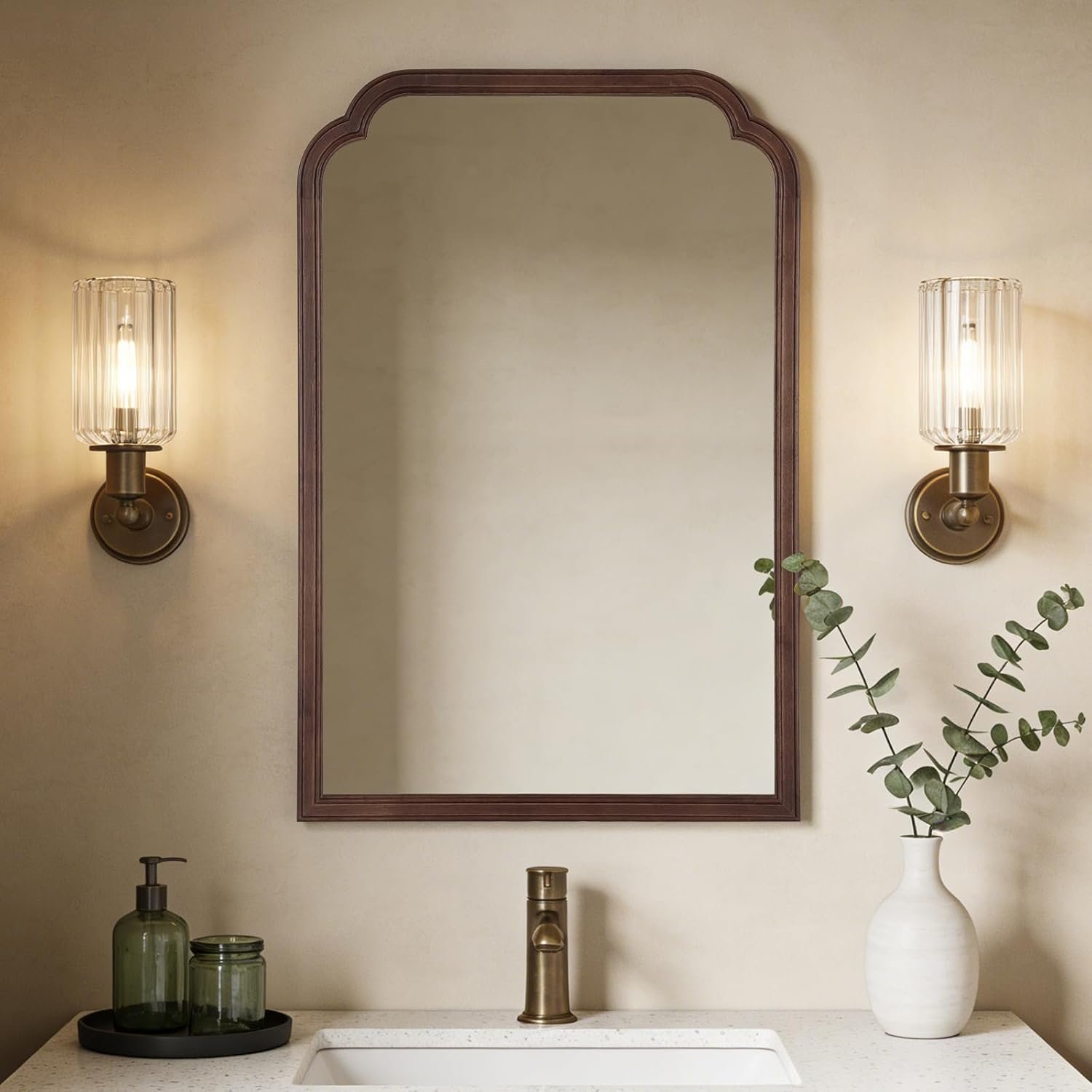 WallBeyond Wooden Framed Wall Mirror, Natural Wood Bathroom Vanity Mirror for Entryway, Living Room or Bedroom Home Decor Vertical or Horizontal Hanging [24″ x 36″ Walnut Color]