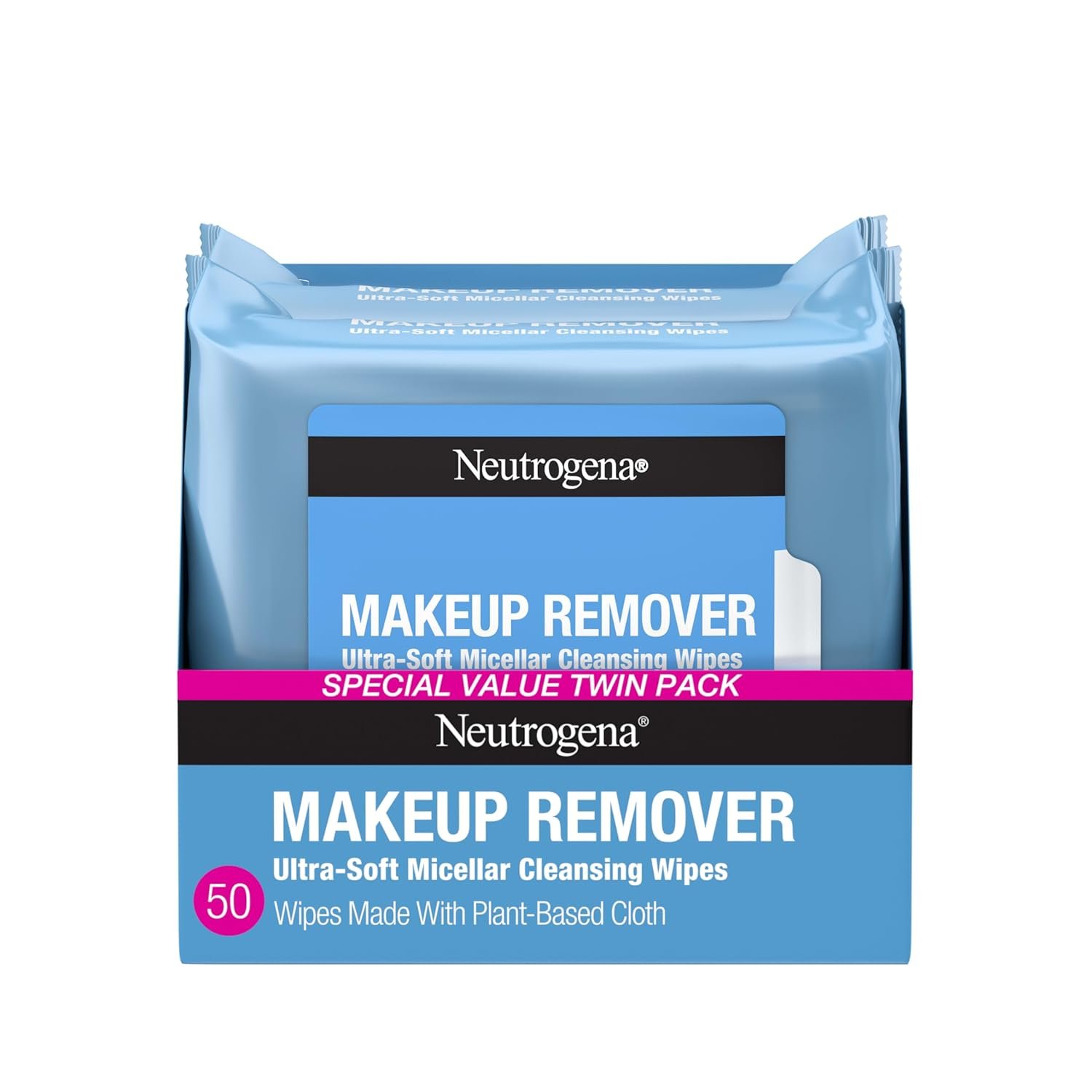 Neutrogena Makeup Remover Micellar Wipes for Face Daily Gently Removes Oil Dirt and Waterproof Makeup in a Simple Fully Plant-Based Cloth, 2 pack of 25 ct