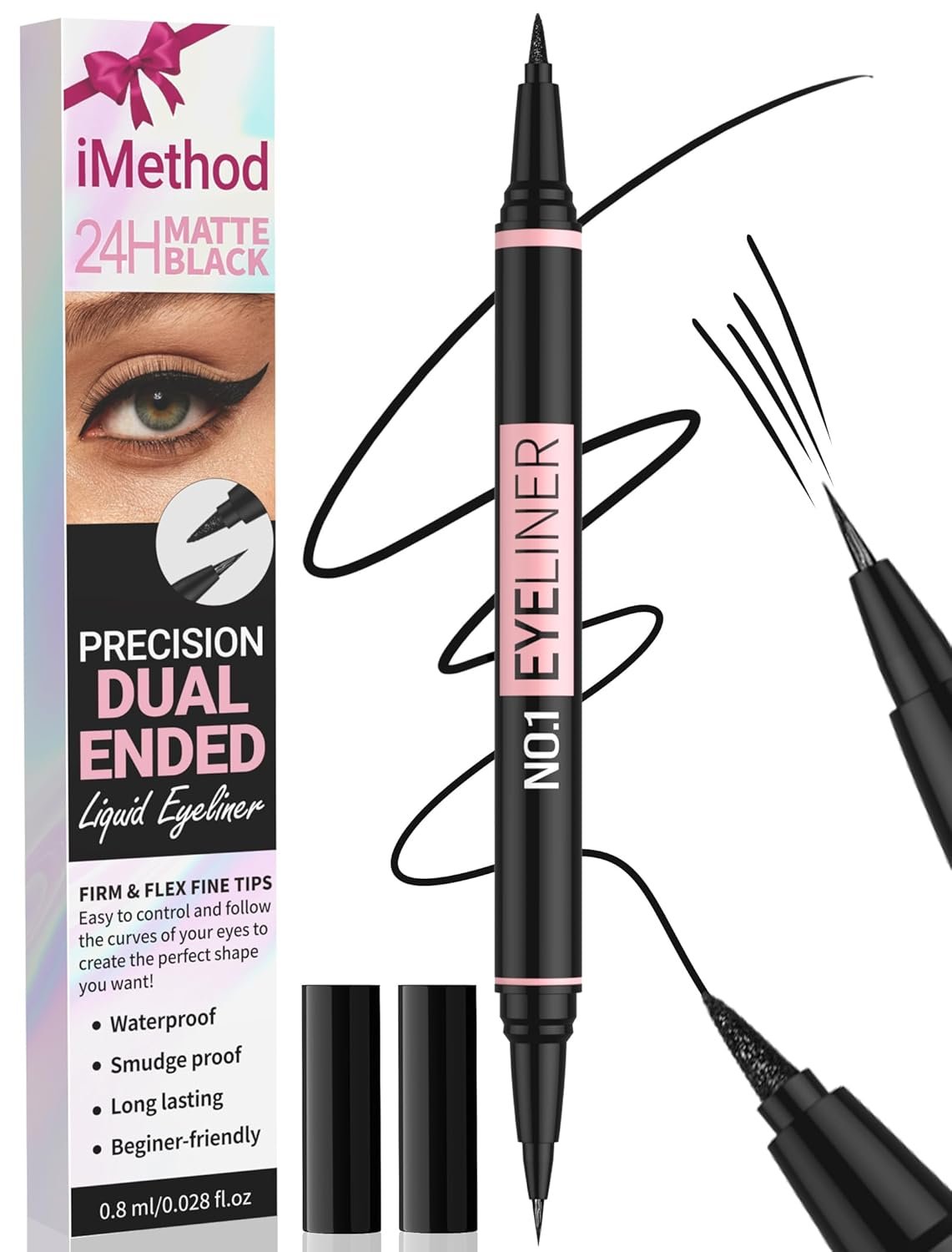 iMethod Liquid Eyeliner – Waterproof Eyeliner 2-in-1 Dual-Ended Eye Liner with Precise Brush-Tip and Thick Tip, Black Liquid Liner Pen, Matte Finish, Long Lasting, Smudge-proof, Transfer-proof, Black