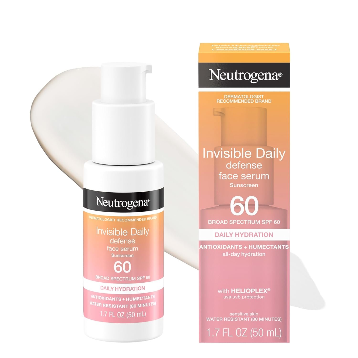 Neutrogena Invisible Daily Defense Face Serum with Broad Spectrum Sunscreen, SPF 60, SPF Face Moisturizer, Hydrating Serum, Water Resistant Sunscreen, Oil-Free Sunscreen, Fragrance Free, 1.7 Fl Oz