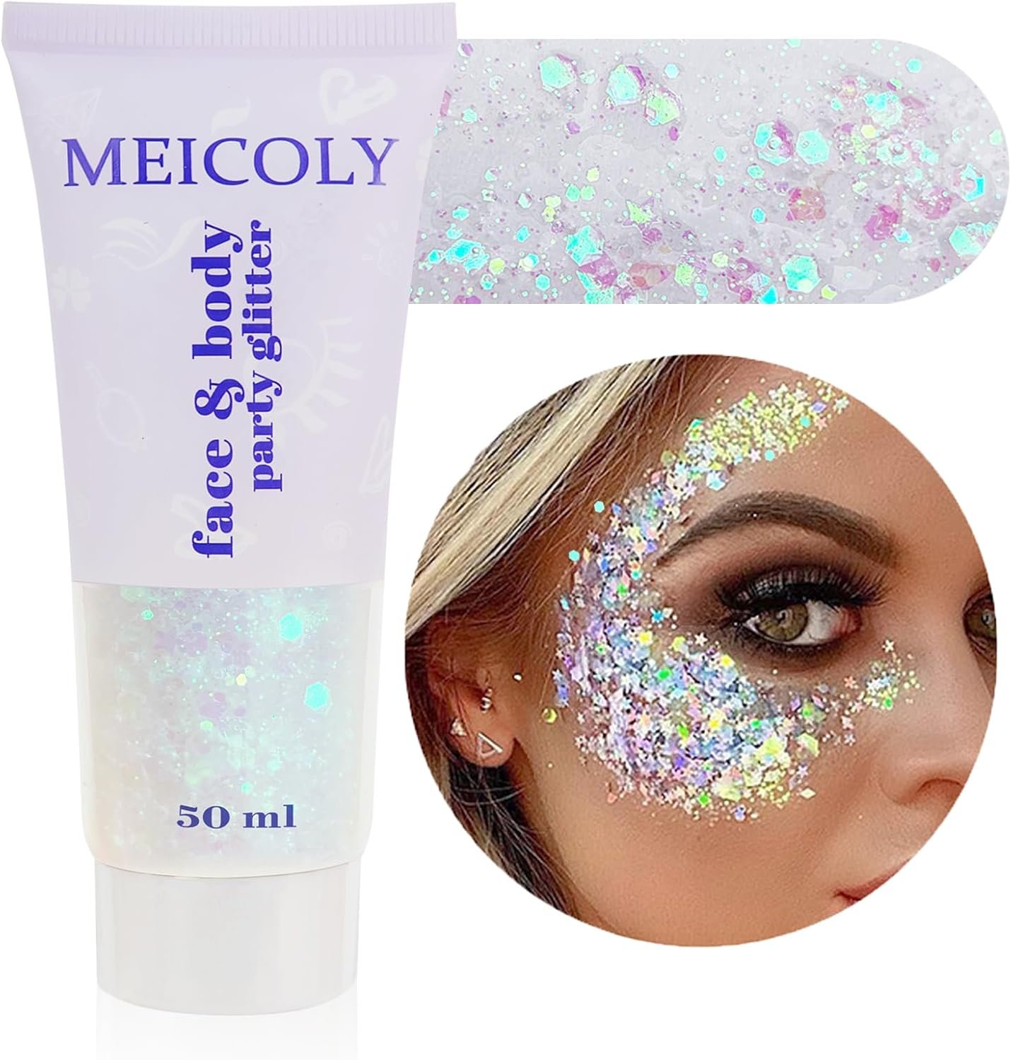 MEICOLY Clear White Face Body Glitter,Mardi Gras Face Glitter Makeup for Kids Women,Face Glitter for Running Half Marathon,Sparkly Mermaid Hair Glitter,Singer Concert Festival Rave Accessories