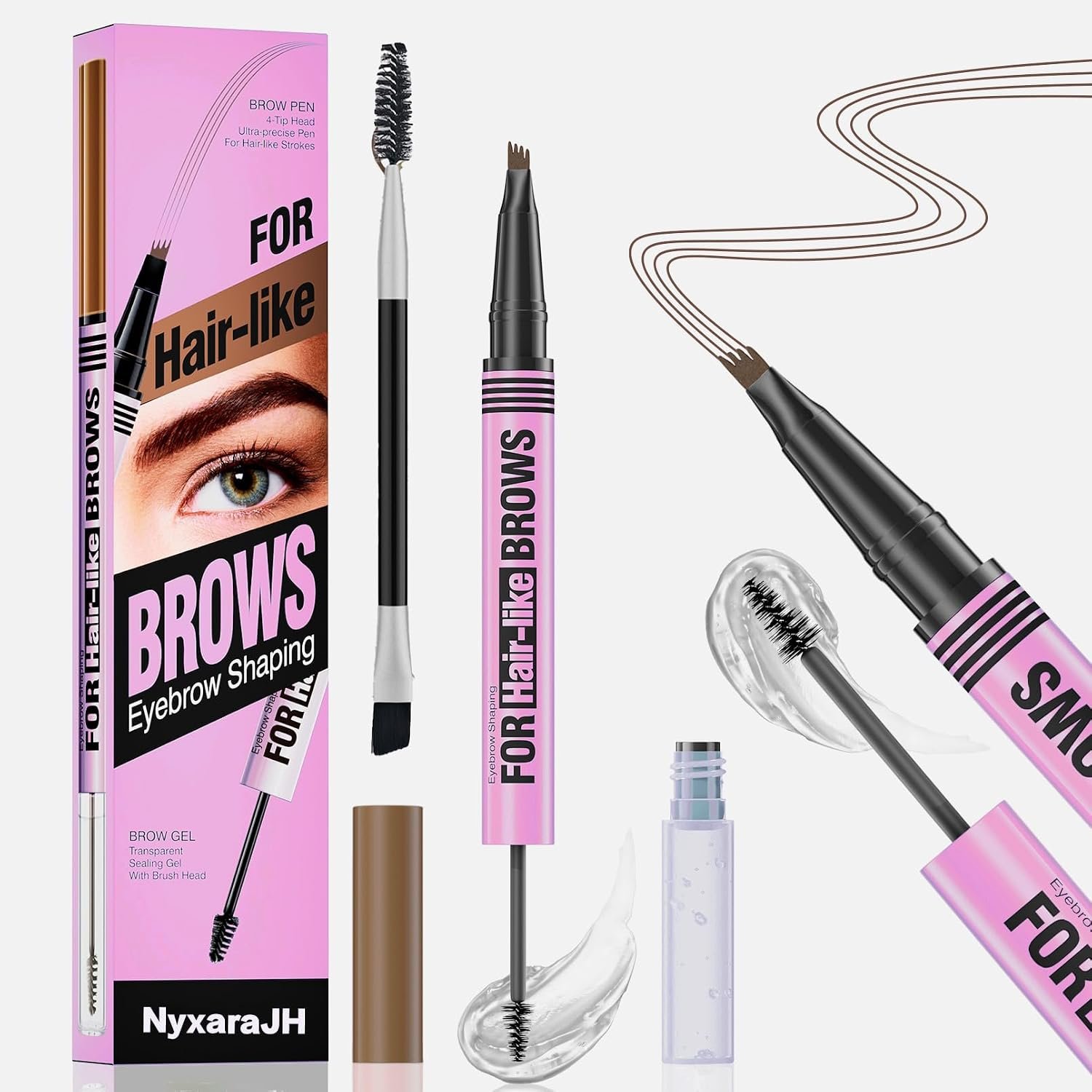 2-in-1 Eyebrow Pen and Gel Set, 4-Tip Ultra Precise Brow Shaping, 5 Hair Color Matching Shades, Transparent Sealing Gel, Natural Definition, 3#Dark Brown