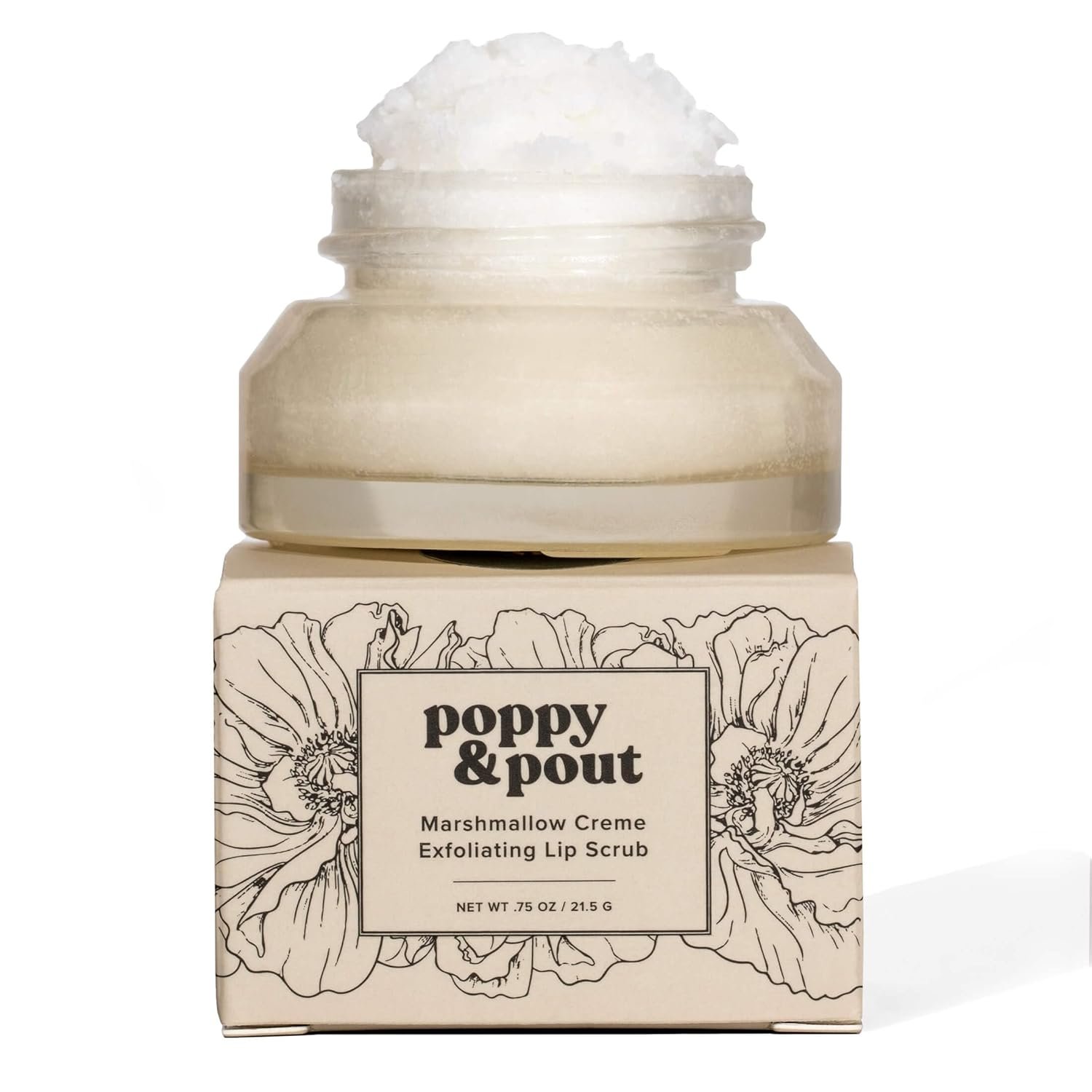 Poppy & Pout Natural Lip Scrub, Moisturizing Sugar Scrub for Dry Lips, Lip Scrubber Exfoliator with Essential Oils Smooths and Hydrates Lips, In Recyclable Glass Jars, Cruelty Free – Marshmallow Creme