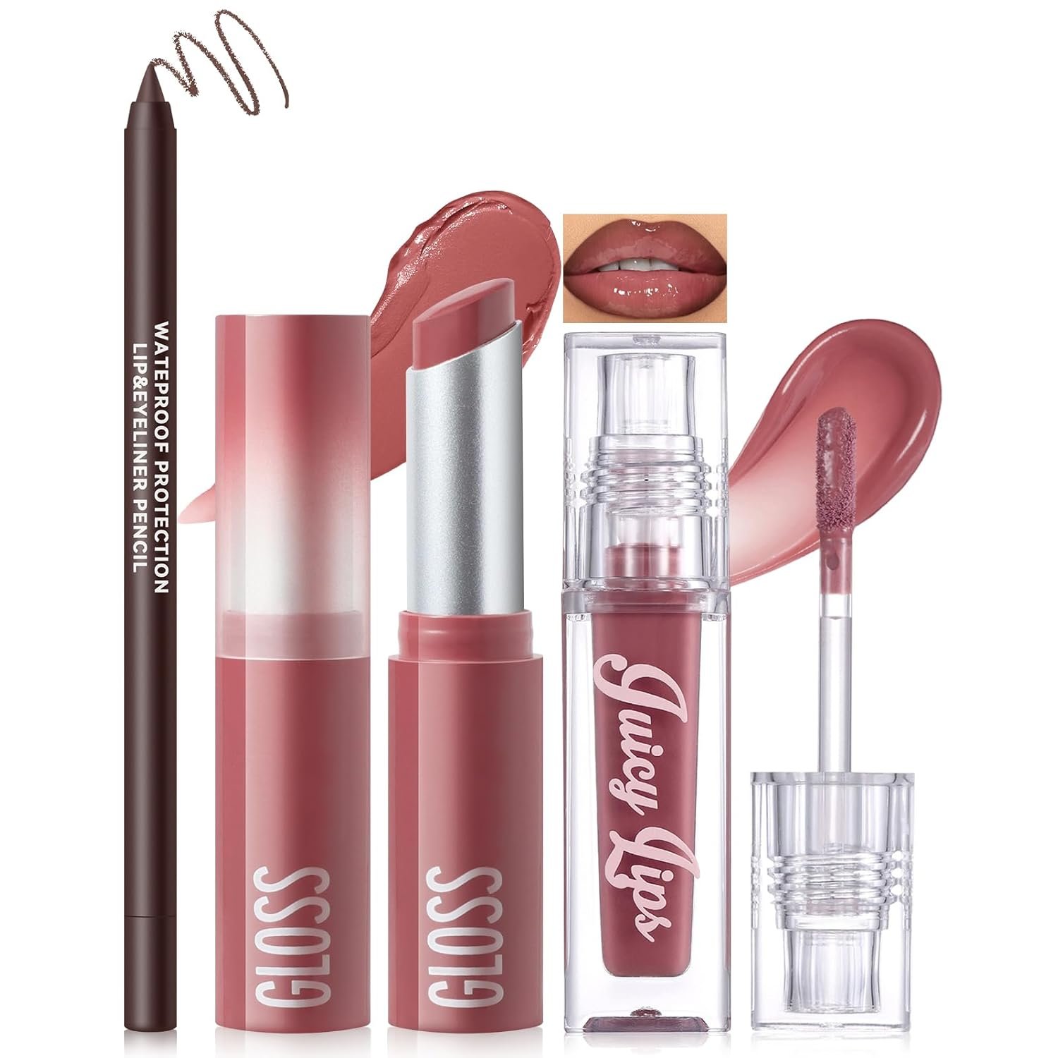 Noerrors 3PCS Lip Combo Set, Brown Matte Lip Liner + Hydrating Tinted Lip Balm + Plum Cherry Juicy Lip Gloss Tint, High-Shine, Non-Sticky, Long-Lasting, Lightweight, High Pigment Lip Makeup Trio Set
