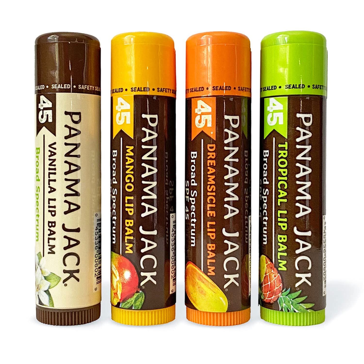 Panama Jack Sunscreen Lip Balm – SPF 45, Flavor Pack, Broad Spectrum UVA-UVB Sunscreen Protection, Prevents & Soothes Dry, Chapped Lips (Dreamsicle/Vanilla/Tropical/Mango)